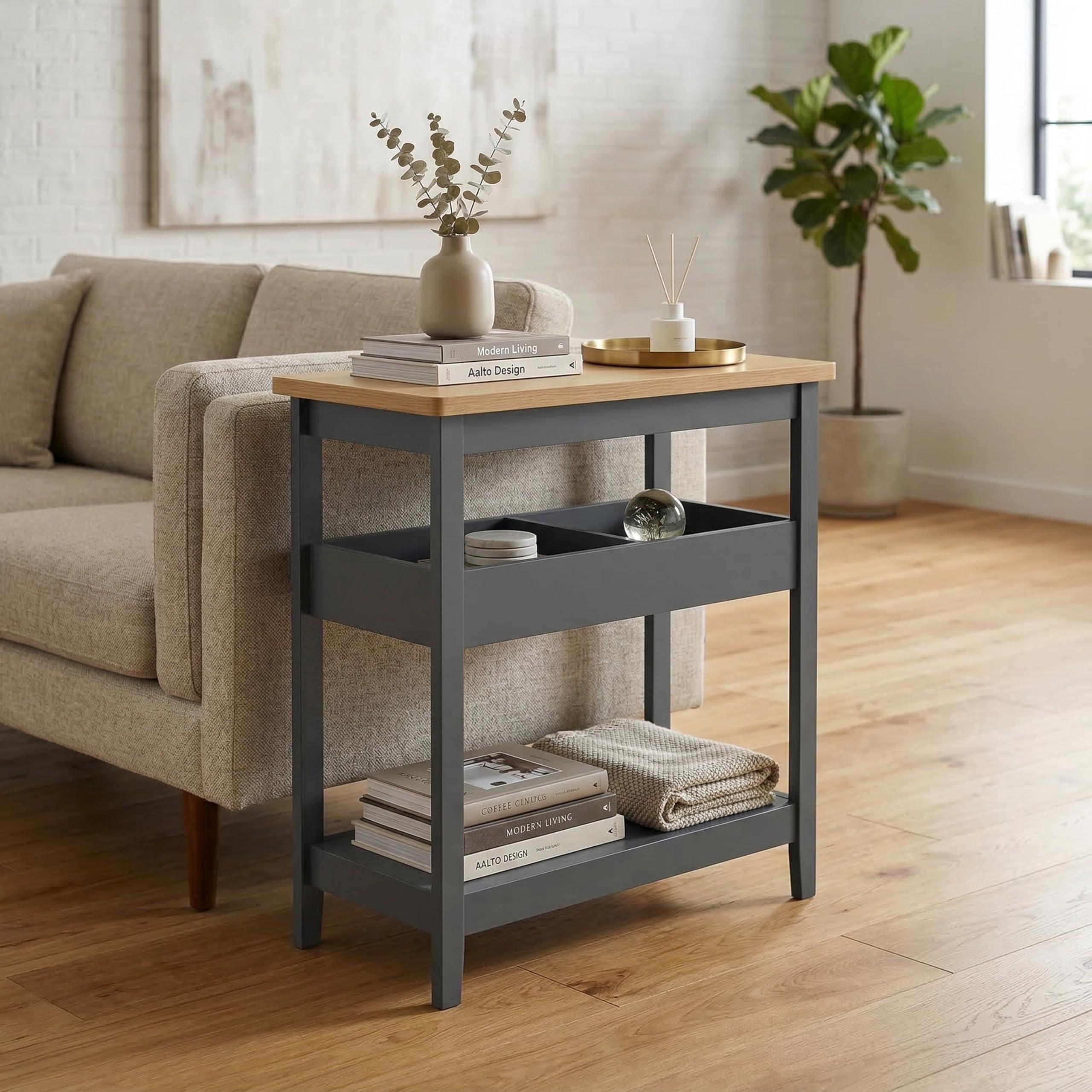 Furnihaus Windsor Sofa Side Table, Slim Side Table for Living Room, Narrow End Table with Storage Shelves, Small Bedside Table for Bedroom, Sofa Shelf, Engineered Wood, 60x25x60cm, Grey & Oak Effect