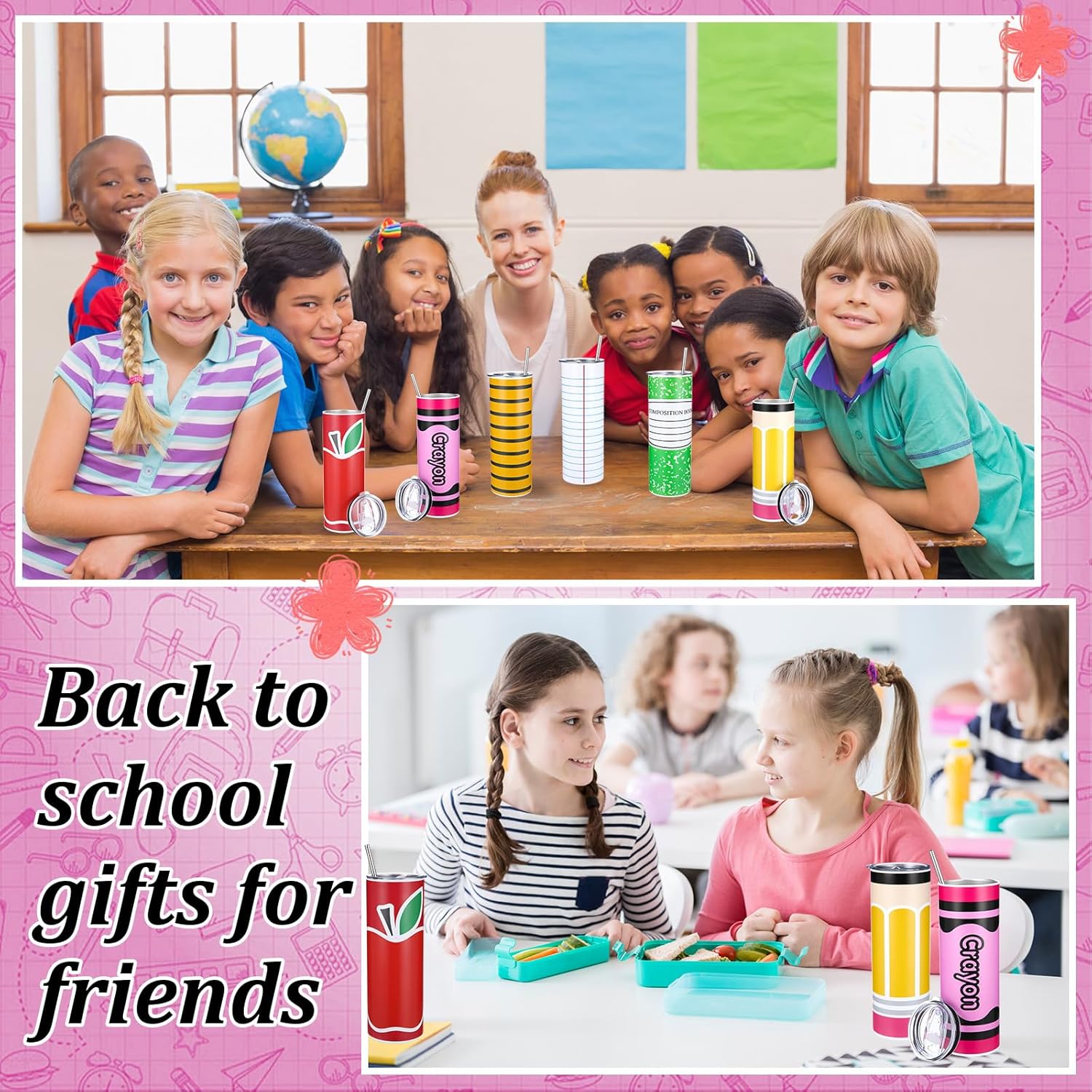 Skylety 6 Pcs Christmas Tumblers Gifts 20 oz Christmas Tumbler Cup Preschool Classroom Gifts Stainless Steel Skinny Cup with Lids Straws Brushes for Teacher Xmas Party Favors