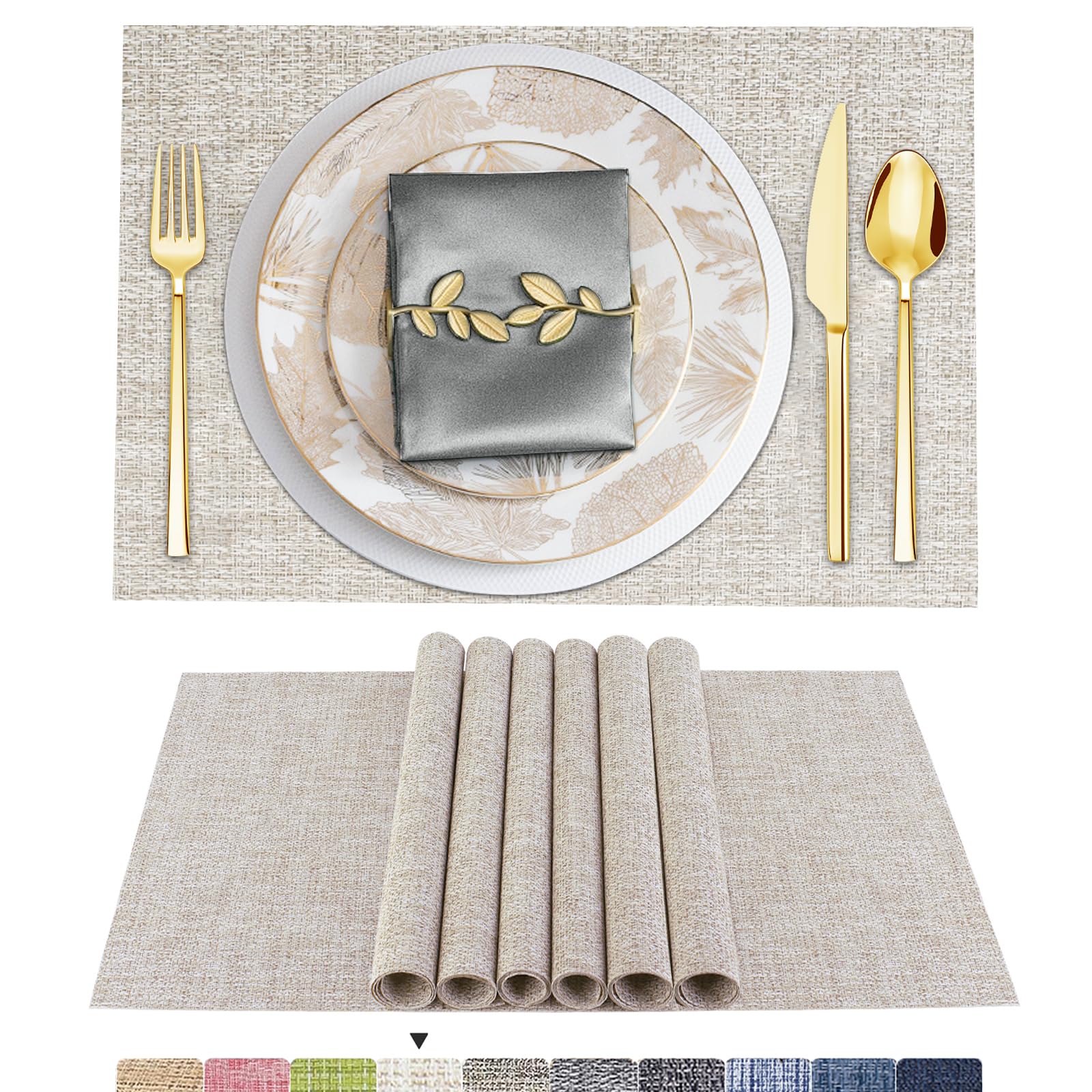 ARTAND Placemats Beige White Table Mats Set of 8 Woven Vinyl Place Mats for Dinner Table Washable & Durable Indoor/Outdoor Use Table Accessories -8 Pcs,02 Beige White