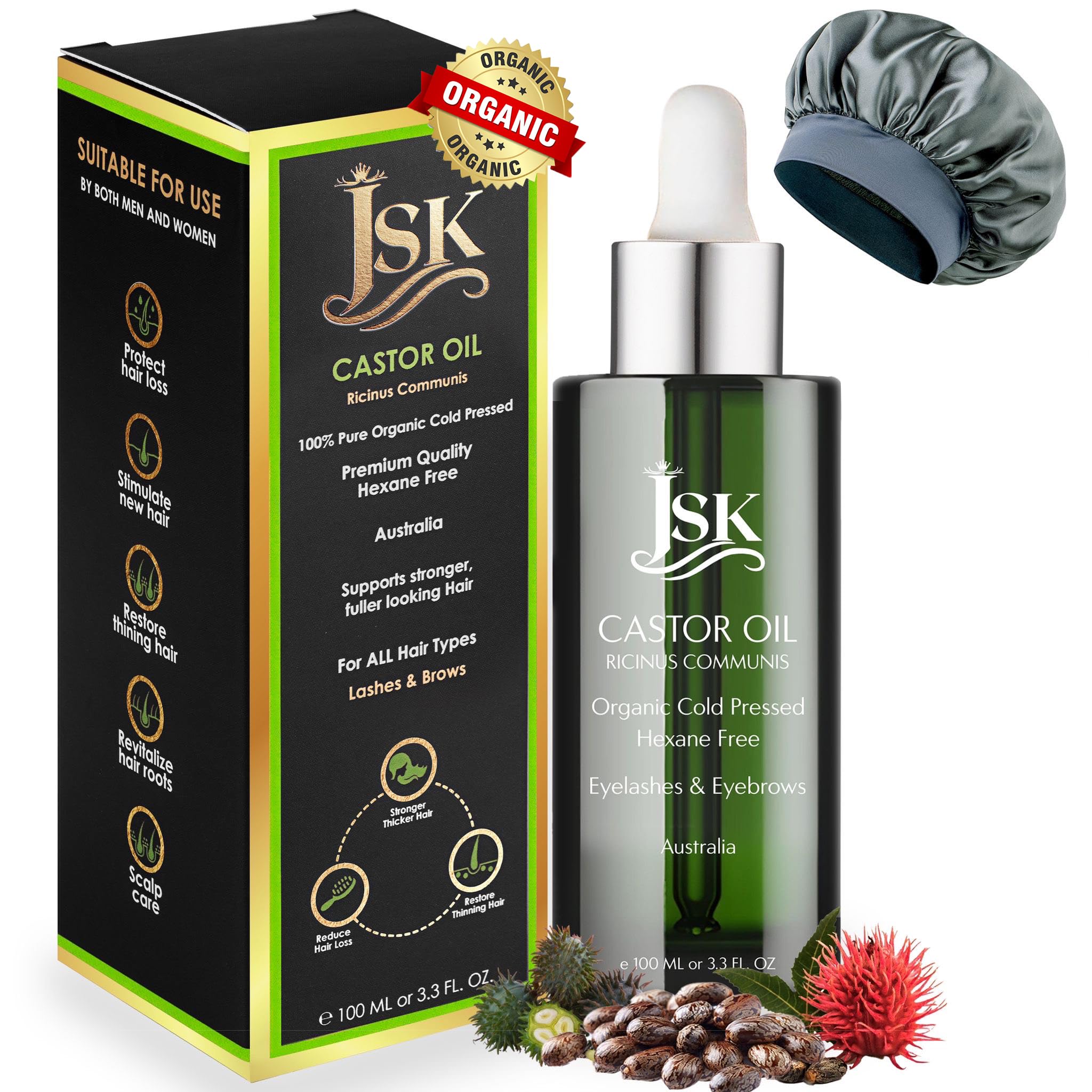 JSK Organic Castor Oil for Hair Growth, Eyelash Serum, USDA Certified Cold-Pressed Unrefined Hair Oil, 100% Pure Hexane-Free, 3.3 Oz Glass Bottle with