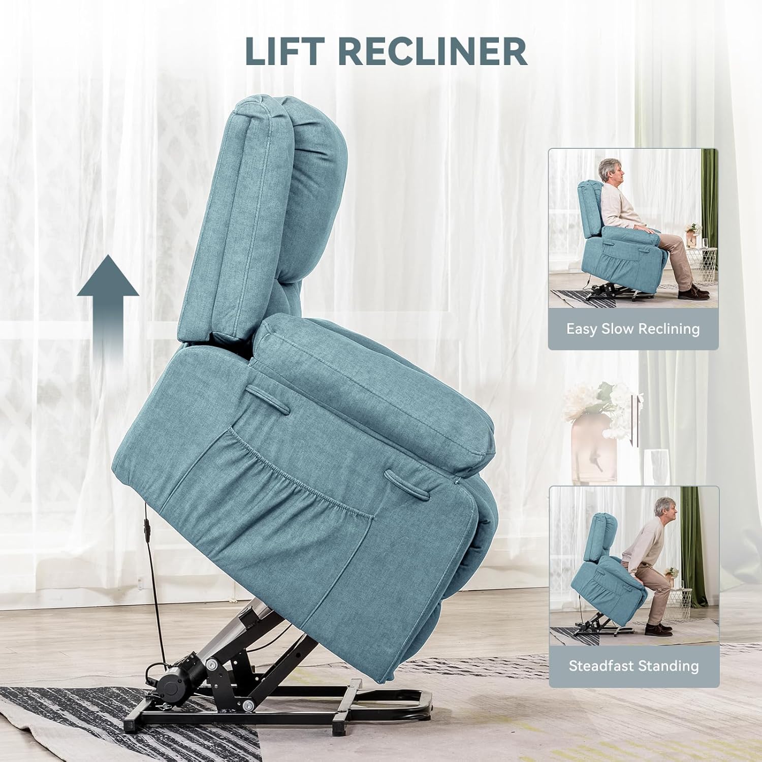 COMHOMA Electric Power Lift Chairs Recliners for Elderly,Recliner Chair with Massage and Heat,2 Side Pockets, USB Ports, Fabric(Blue)