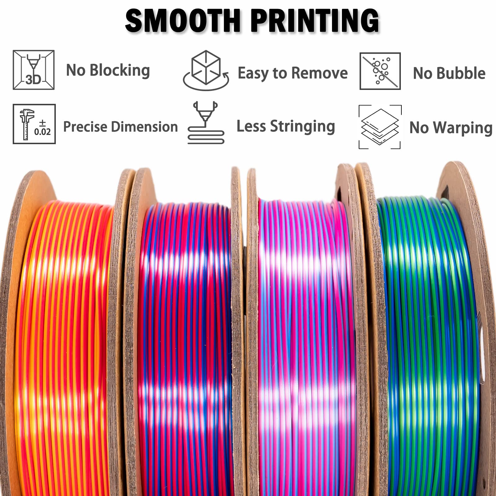 OVV3D Filamento PLA 1.75 +/- 0.02mm Seda, Impresora 3D Filamento PLA Traje Filamento Concurrentes Bicolor, Filamento 3D Impresora Arcoíris Combinación, PLA 200 g × 4