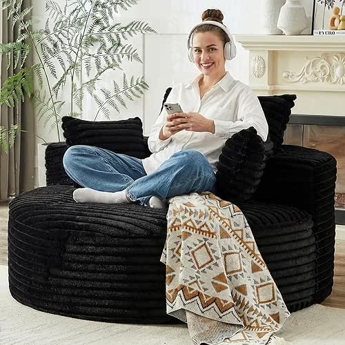 55" L Corduroy Sponge Single Sofa, Oversized Round Chair, Fluffy
