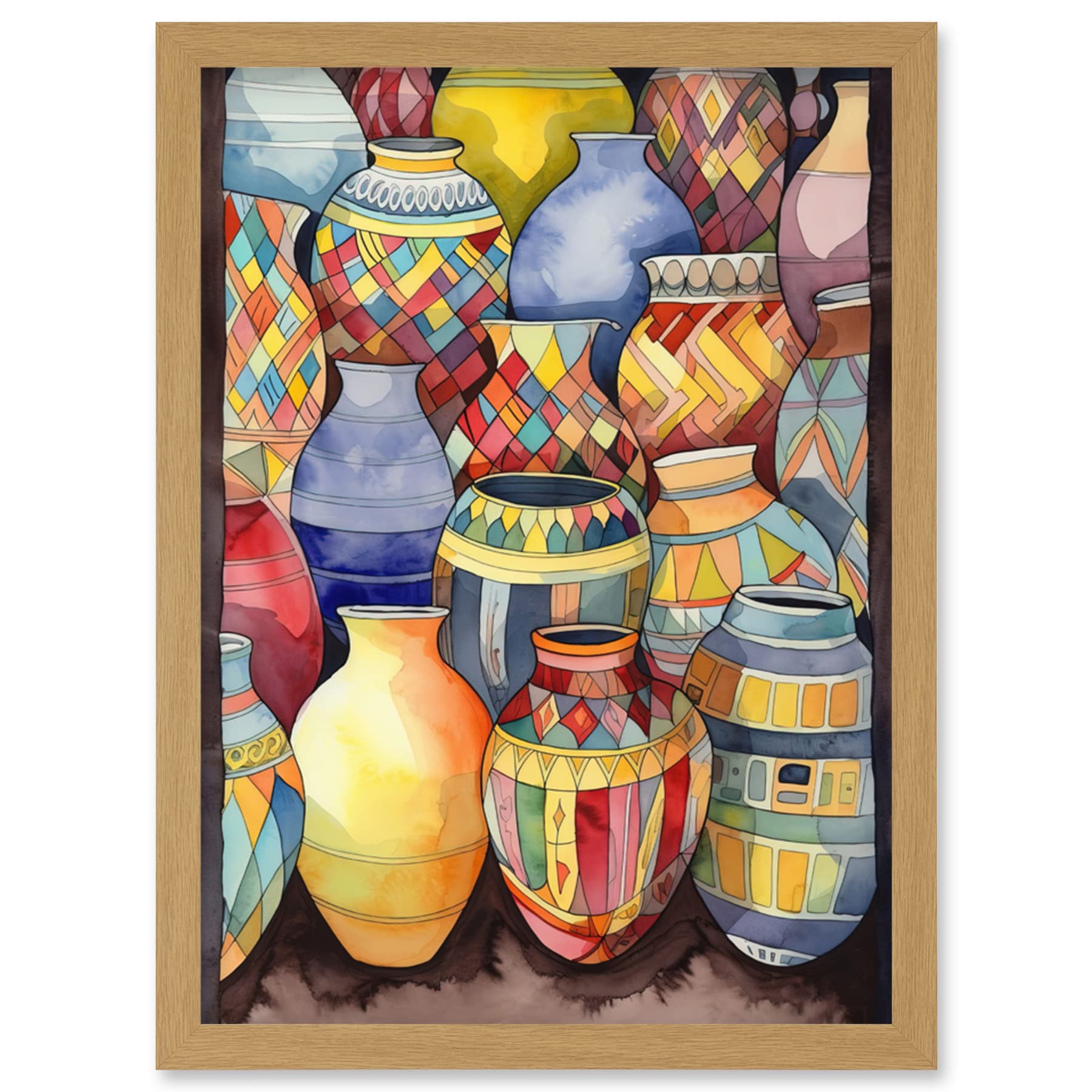 Artery8 Glazed Ceramic Pot Vases Folk Art Artwork Framed Wall Art Print A4
