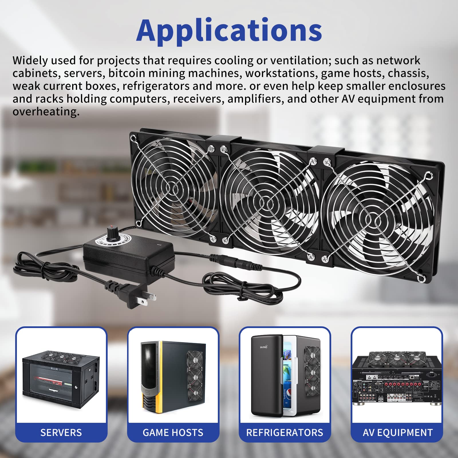 3 ventiladores de computadora de 120 mm y 12 V con controlador de velocidad de CC a CA de 110 V a 240 V, refrigeración para ventana, gabinete, chasis, máquina, servidor, estación de