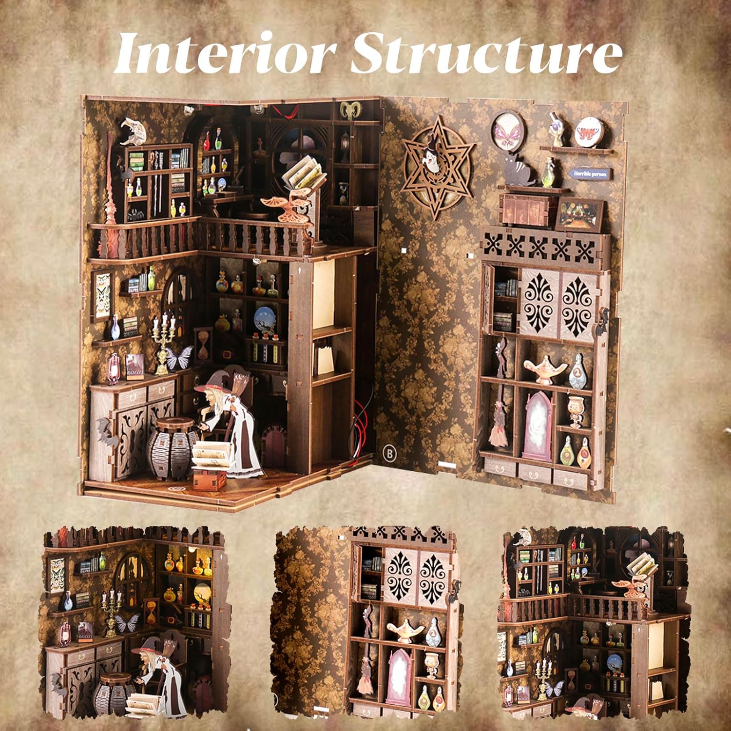 Book Nook Kit for Adults, DIY 3D Wooden Puzzle Miniature Booknook Kit with LED Sensor Light, Crafts Bookshelf Decoration Gift for Adults and Teens (Magic Night)