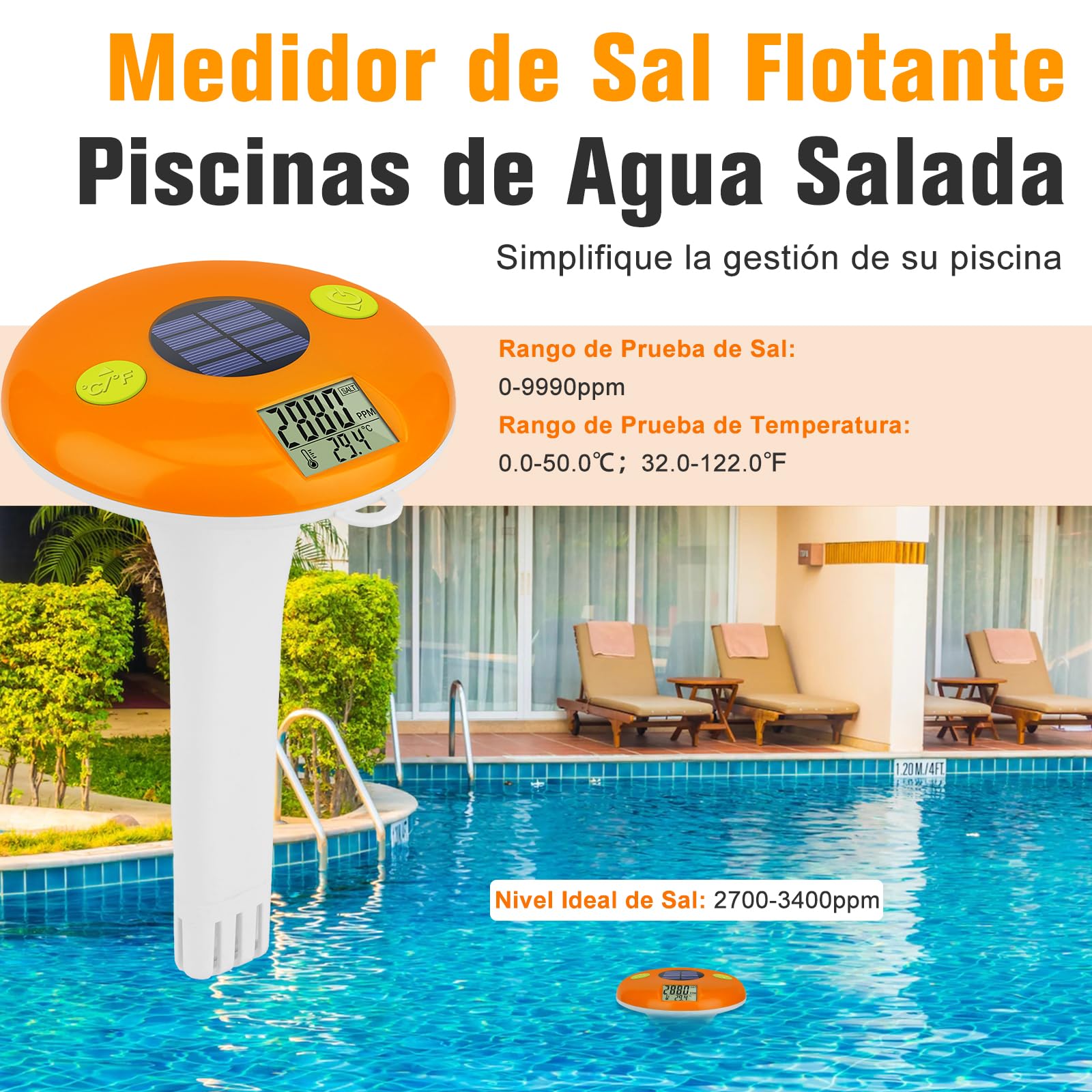 UIUZMAR Medidor de Sal Solar y Termómetro Flotante para Piscinas, Comprobador Digital de Salinidad y Temperatura para Agua Salada, Jacuzzis, Spas y Estanques