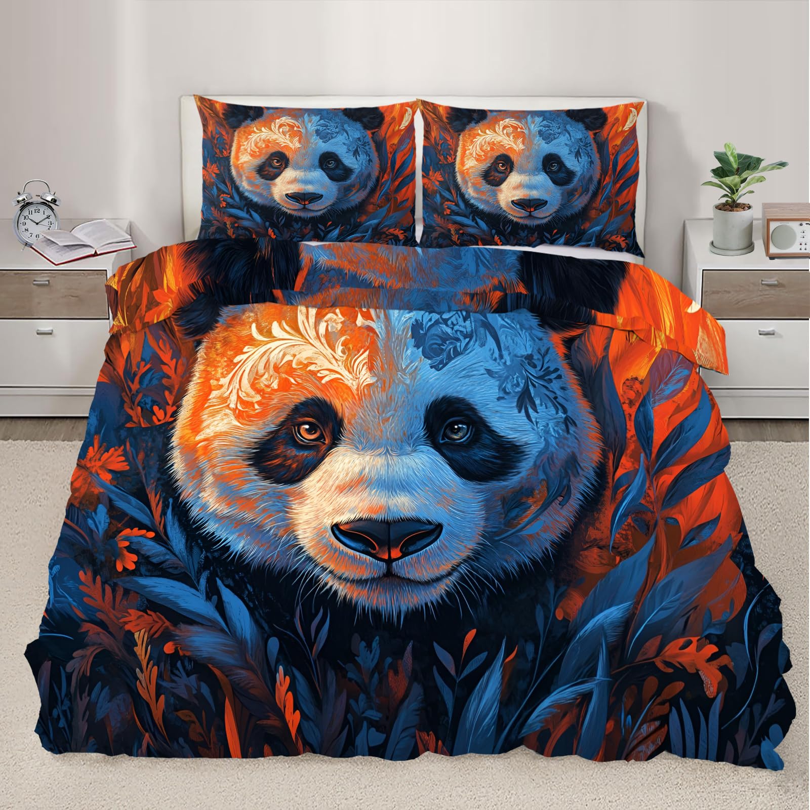 QDJKBL Panda Duvet Cover Set Cute Wildlife Bedding Set Forest Animal Comforter Sets Super King Duvet Covers Jungle Botanical Comforter Cover for Bedroom With Zipper Ties