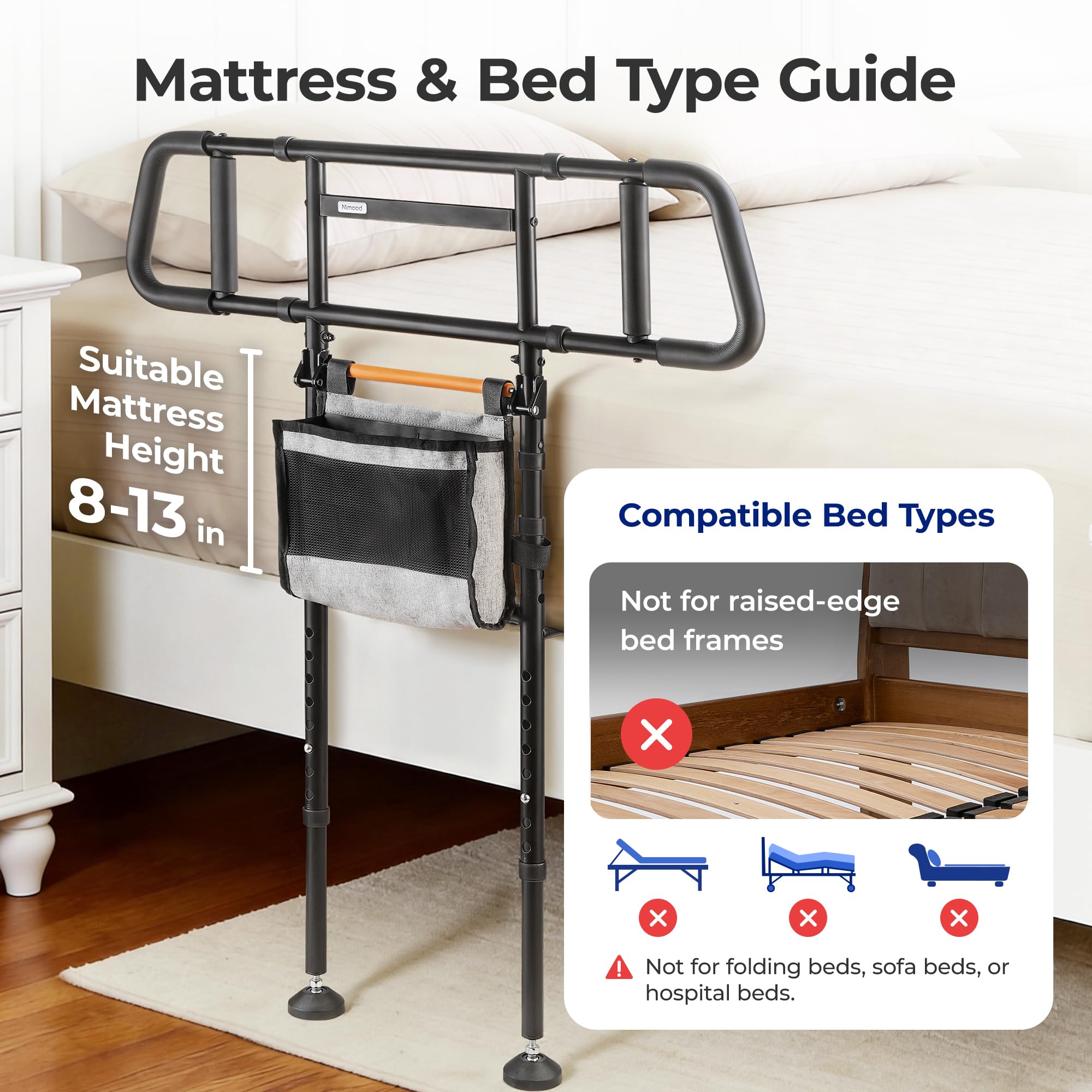 Barandilla de cama para seguridad en el hogar – Riel de cama plegable para personas mayores con luz activada por movimiento y bolsa de almacenamiento, patas de extensión, bastón de cama de