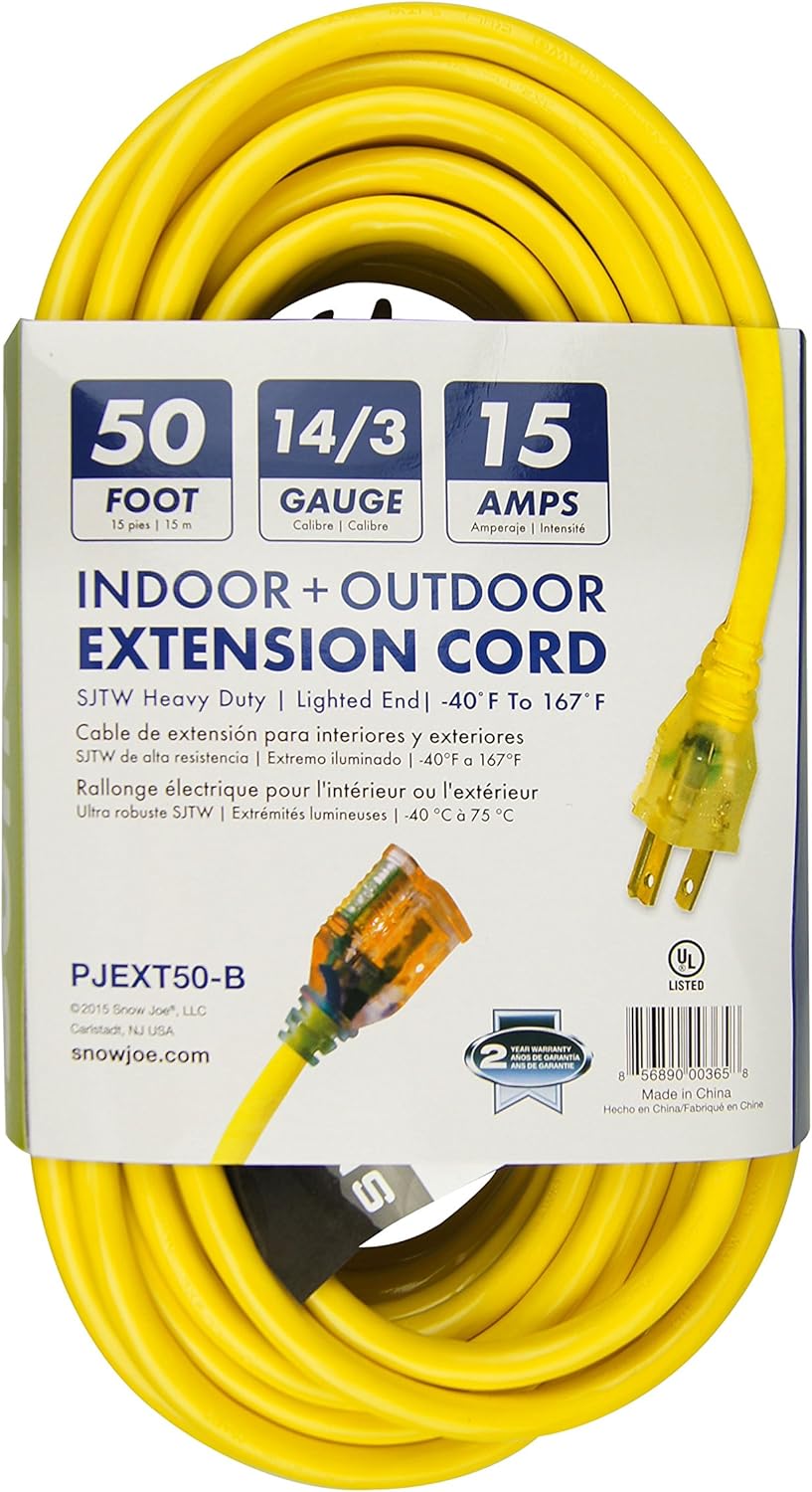 review Snow Joe PJEXT50-B Power Joe 14/3 50-Feet SJTW Outdoor Extension Cord with Lighted End, Yellow & Bayco KW-110 Cord Reel, Orange