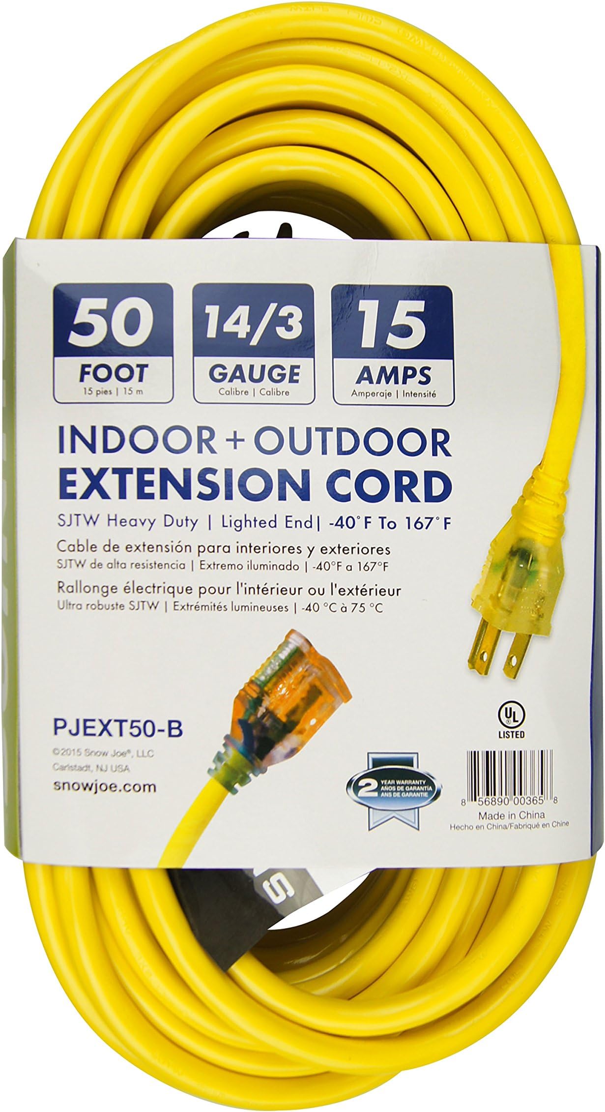 Snow Joe PJEXT50-B Power Joe 14/3 50-Feet SJTW Outdoor Extension Cord with Lighted End, Yellow