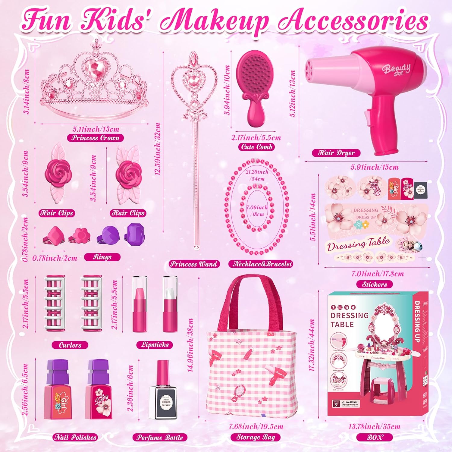 Toddler Vanity Kids Vanity Table and Chair Set, Girls Makeup Table with Mirror Lights & Music, Pretend Play Dress Up Toys with Hair Dryer, Princess Crown & Wand, Storage Bag, Gifts for Girls Age 3 4 5