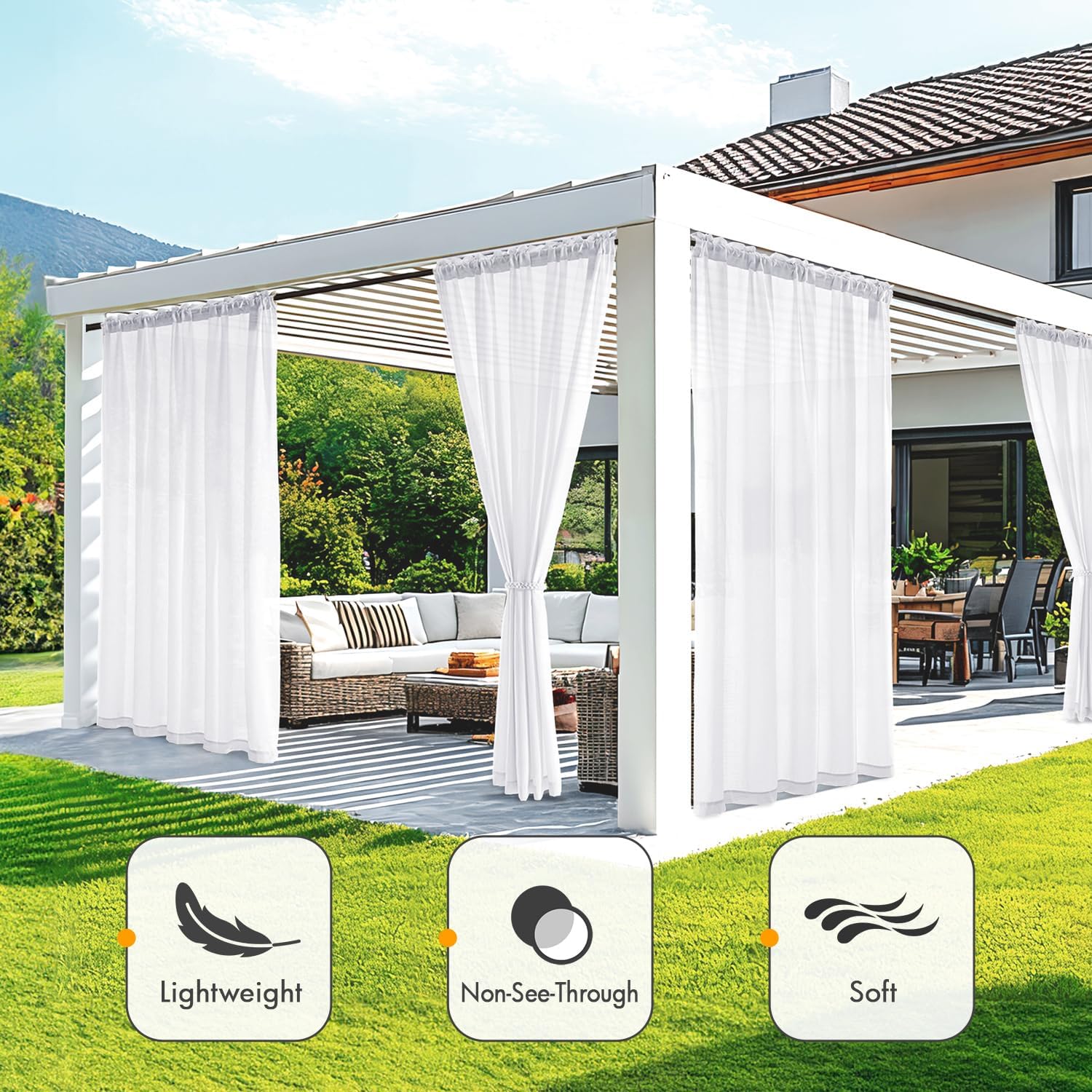 MIULEE White Privacy Outdoor Curtains Waterproof Non-See-Through Semi Sheer 2 Panels Set Elegant Rod Pocket for Patio, Porch, Pergola, Cabana, Gazebo, 52 X 96 Inch Long