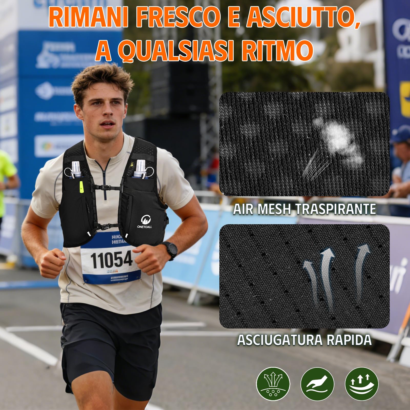 Gilet Running Uomo Donna, Zaino Trail Running con 2 Borraccia Morbida 500ml y Luce LED Ricaricabile, Gilet Corsa Leggero, Running Vest Zaino Corsa Zaino Idratazione per Trekking Ciclismo Sci