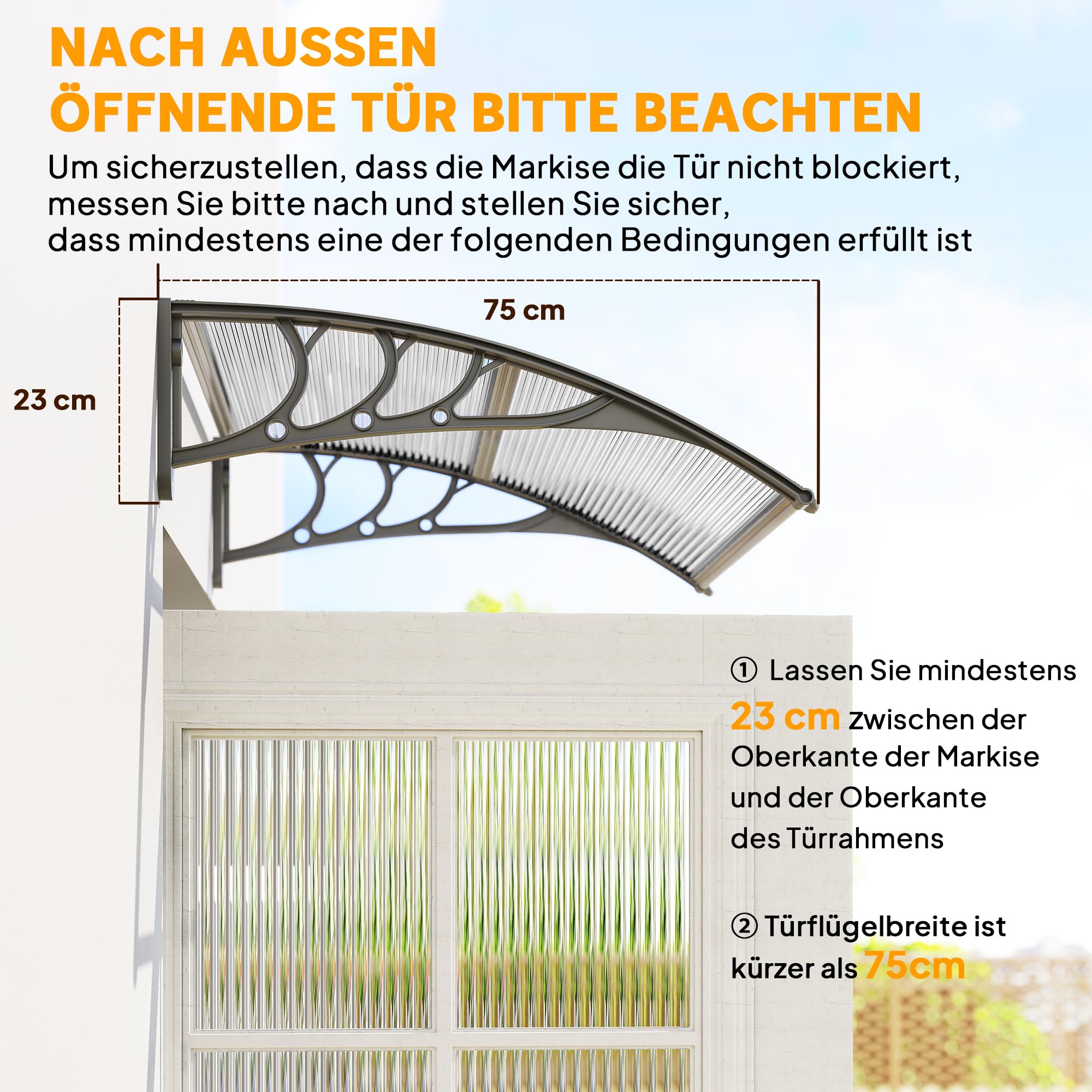 Outsunny Vordach für Haustür 100 x 75 cm Pultbogenvordach Überdachung aus Aluminium und Polycarbonat Pultvordach mit UV Schutz Haustürvordach für Balkon, Sonnenschutz, Regenschutz, Silber