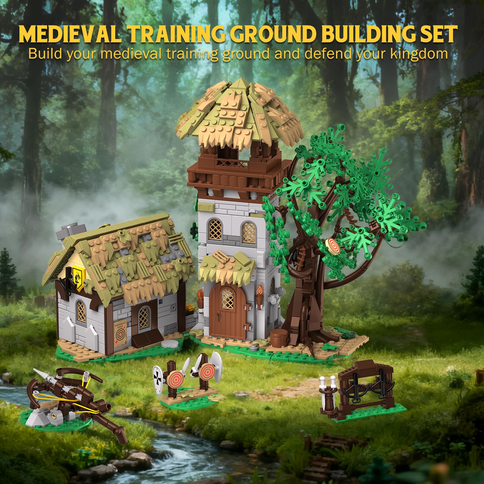 Campo de entrenamiento medieval, modelo de casa medieval, campo de tiro con arco, bloques de construcción para jóvenes y adultos (1109 unidades)