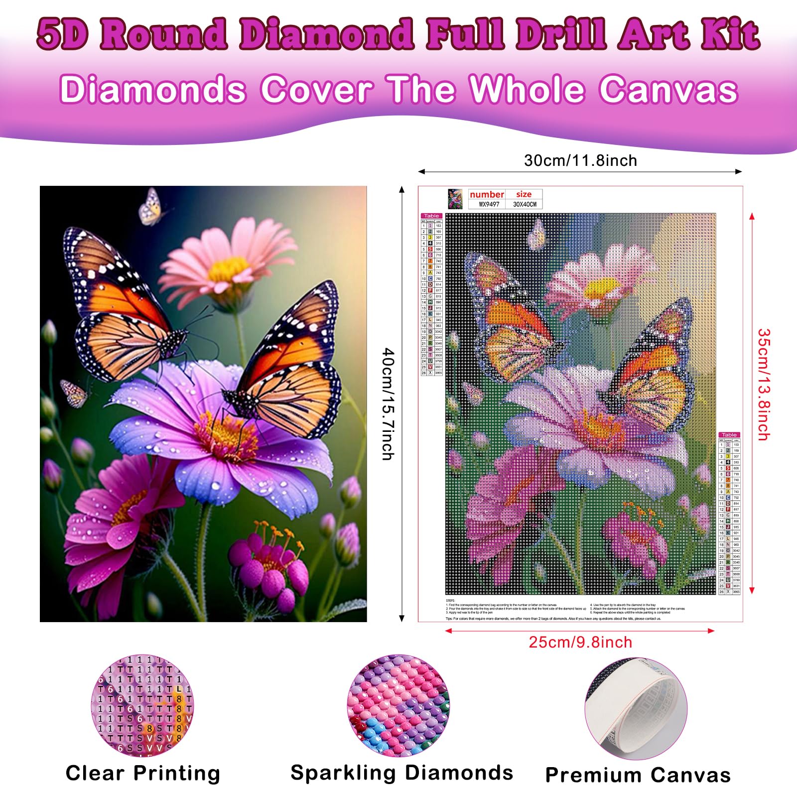 ZQEATRY Kit De Peinture Diamant 5D Pour Adultes, Papillon Et Tournesol Pour Débutants, Kit De Peinture Pour Décoration Murale De La Maison, 30,5 X 40,6 Cm