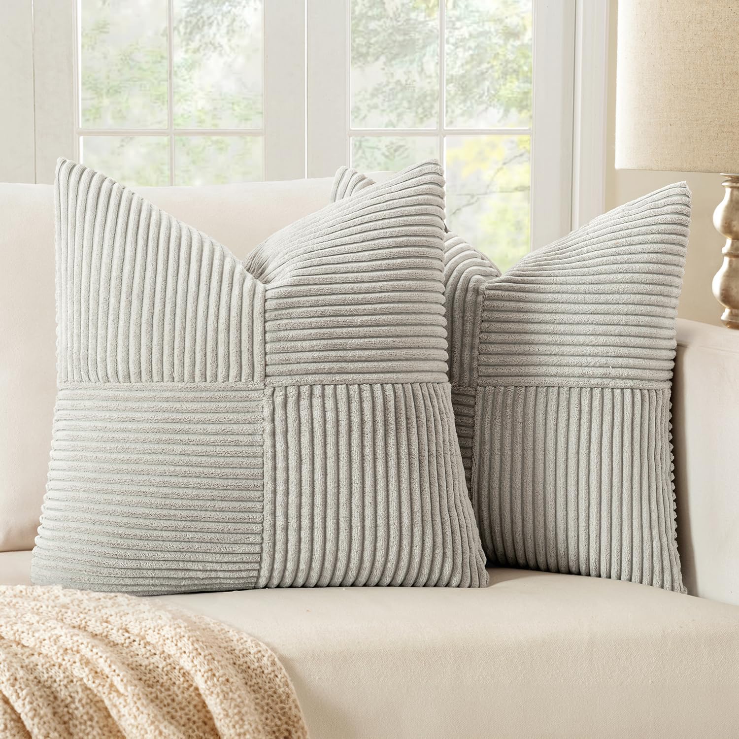 MIULEE 2er Set Kissenbezug 45x45cm Hellgrau Kissenhülle Kissenbezüge Sofakissen Dekokissen Boho Couchkissen Kord Dekorative Zierkissenbezug für Sofa