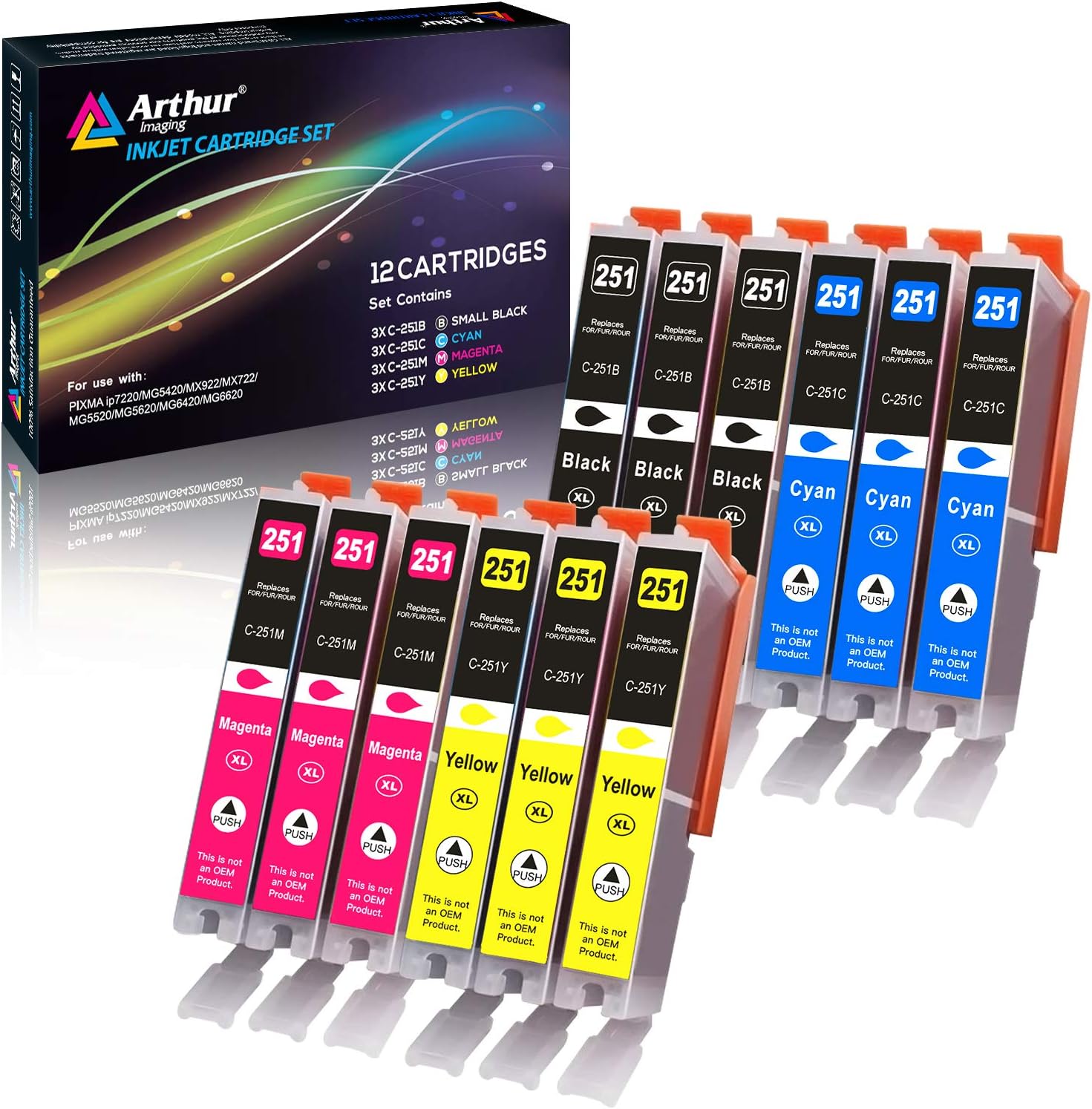 Arthur ImagingCompatible Ink Cartridge Replacement for Canon CLI251XL for use with PIXMA MX922 MG5520 (3 Black, 3 Cyan, 3 Yellow, 3 Magenta, 12-Pack) - CLI251(12)
