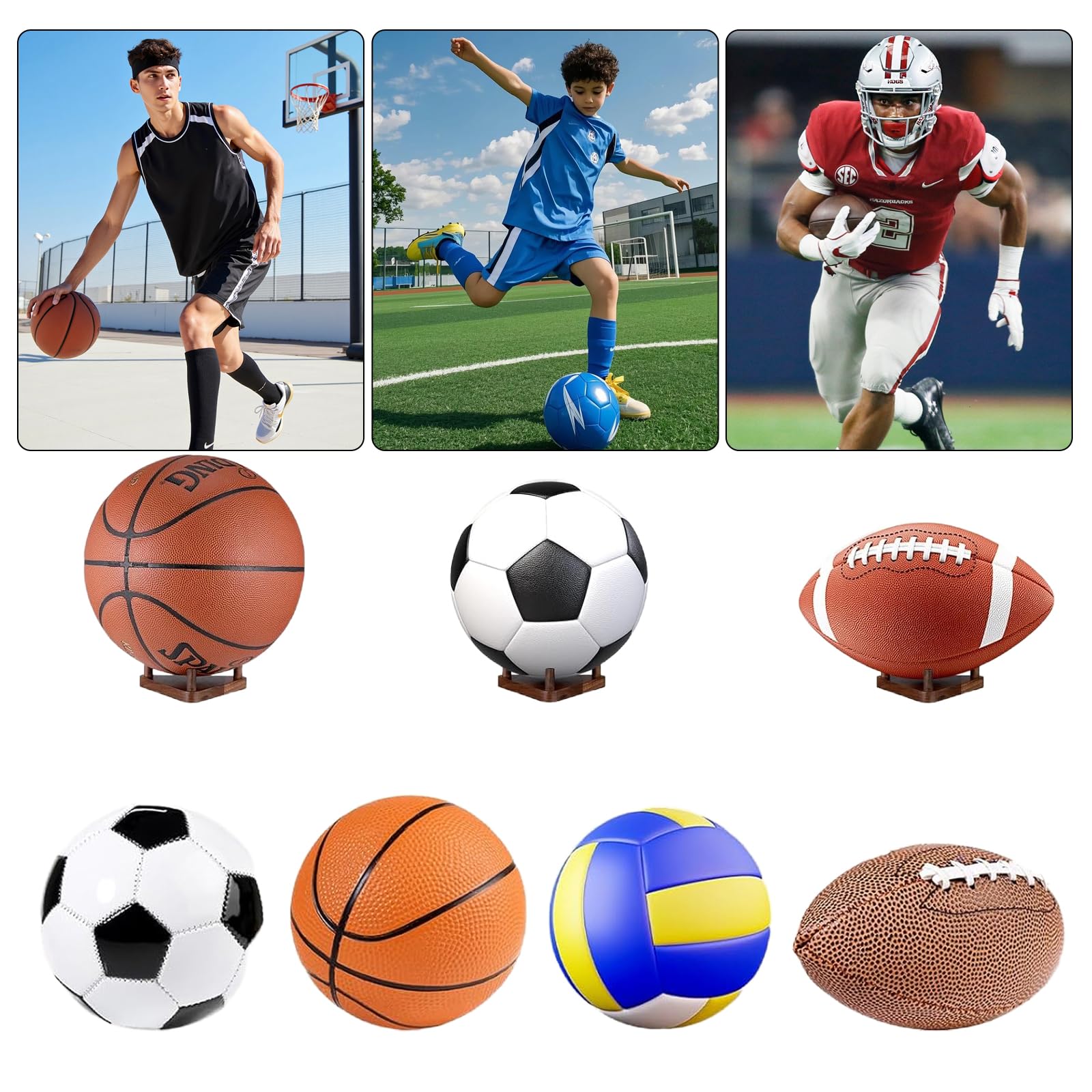 Support de ballon stable en bois - Support de ballon debout pour football, basketball et rugby - Organiseur de ballon robuste pour la présentation et le rangement - 1