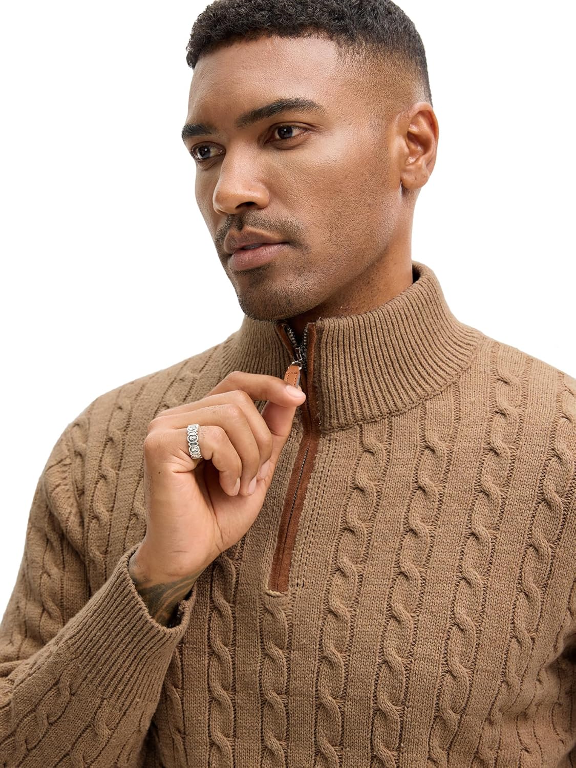 JEMLDL Men's Quarter Zip Pullover Sweaters Cable Knit Texture Slim Fit Mock Neck Sweaters - Image 3