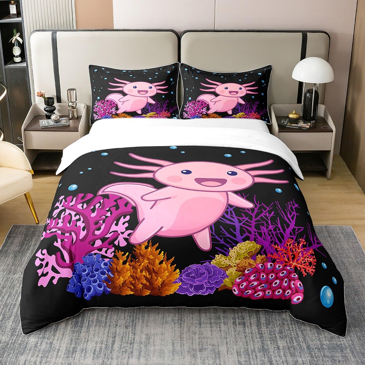 Parure de lit Axolotl 135x200 housse de couette coton enfant fille garcon monde sous marin