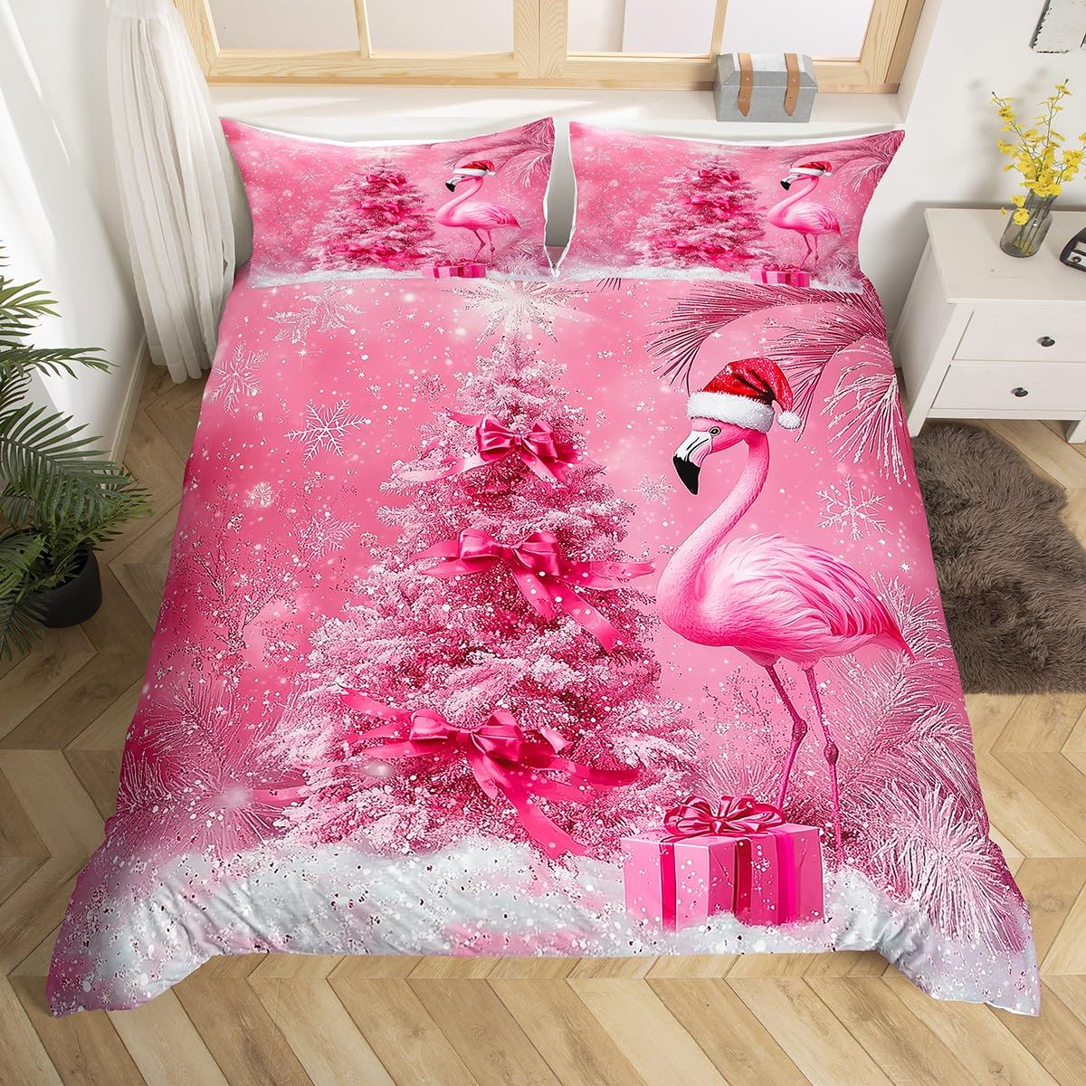 Manfei Christmas Duvet Cover Set King Size, Pink Flamingo Xmas Tree Bedding Set 3pcs, New Year Theme Comforter Cover, Kids Girls Room Decor, Soft