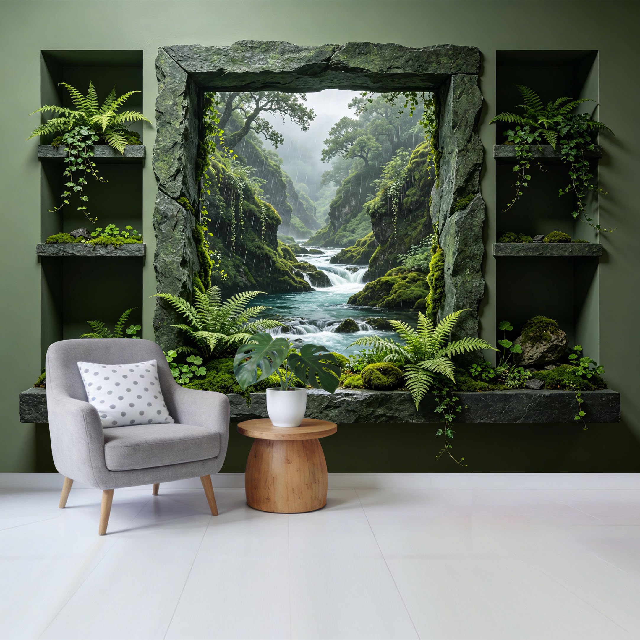Custom Size Wall Mural Lush Green Forest Waterfall Landscape Textured 3D Trompe l’oeil Removable Self Adhesive Fabric Home Wall Decor for Living Room Bedroom Bathroom