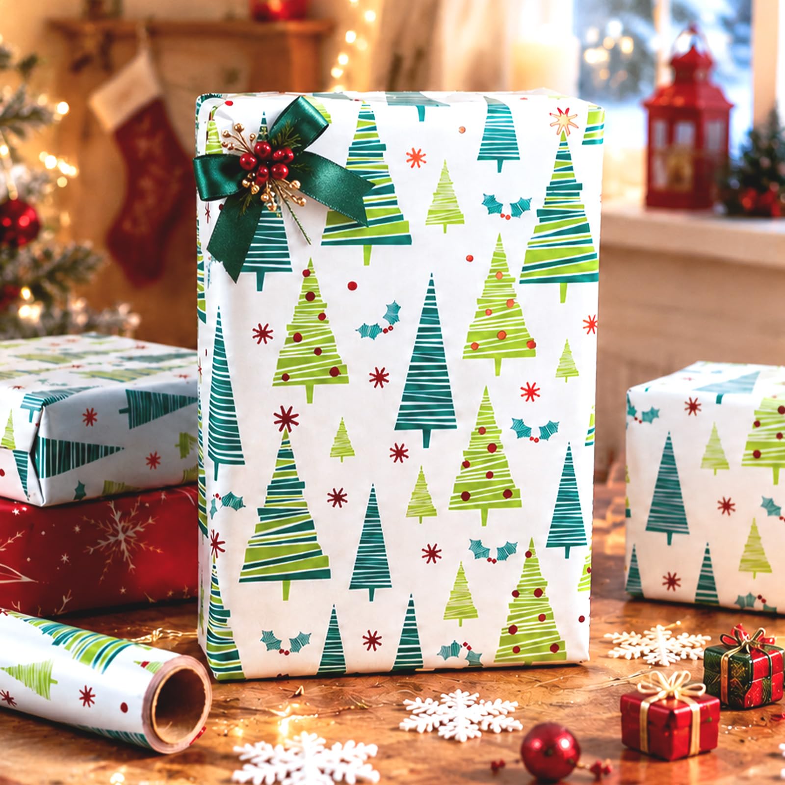 Yarcony Weihnachts-Geschenkpapierrolle – 43 cm x 10 m – modernes grünes Weihnachtsbaum-Geschenkpapier mit minimalistischem Design, Metallfolie, Geschenkpapier für Weihnachten, Party, Geburtstag