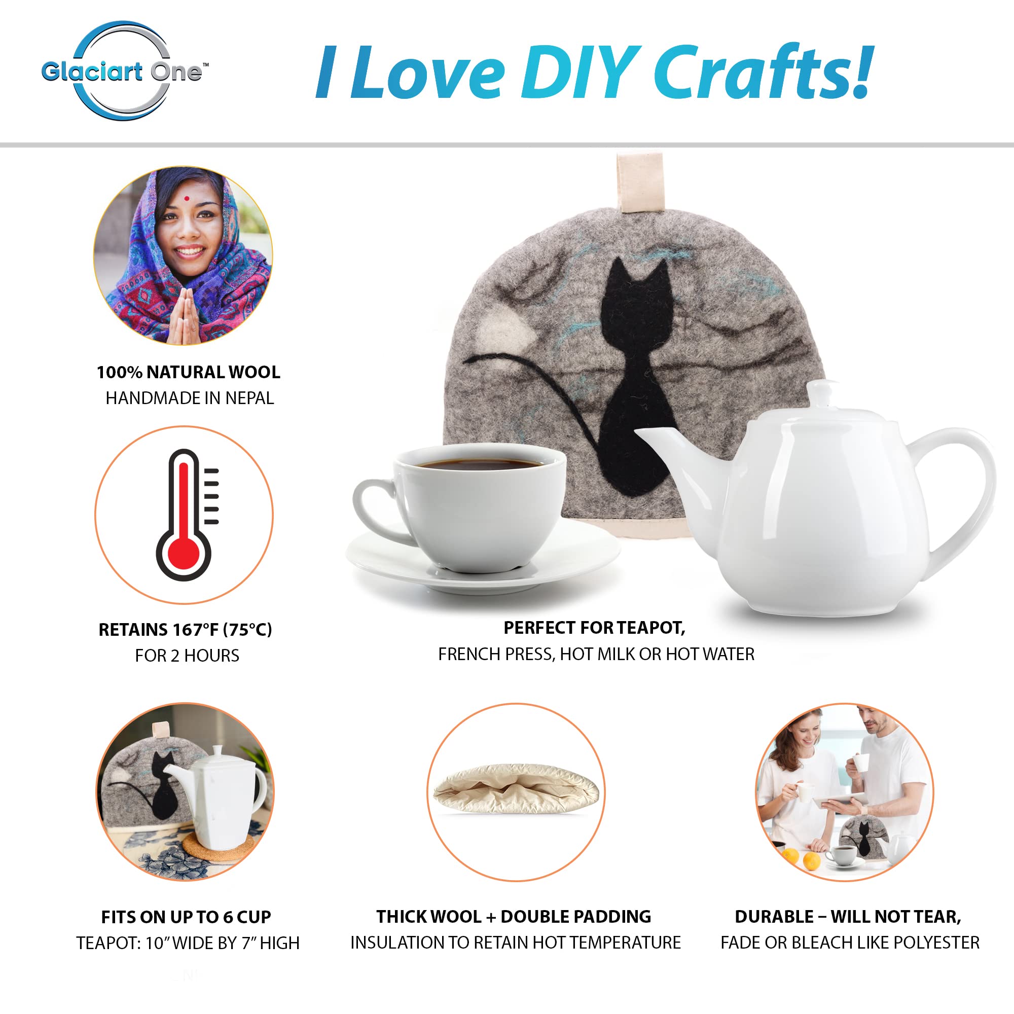 Glaciart One Wool Teapot Cozy Kettle Cover | Dome Shaped Large Tea Cosy, Kettle or French Press | Handmade & Needle Felted from Natural Wool | Warms Up to 2 Hours | Great as Gift