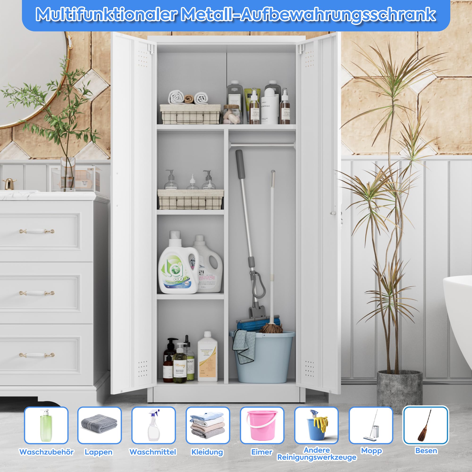 SUPEER Besenschrank mit Belüftung & Magnetverschluss,Mehrzweckschrank,Stabiler Stahlschrank für Staubsauger, Putzmittel, Wäsche und Haushaltszubehör|70x30x165 cm|Weiß