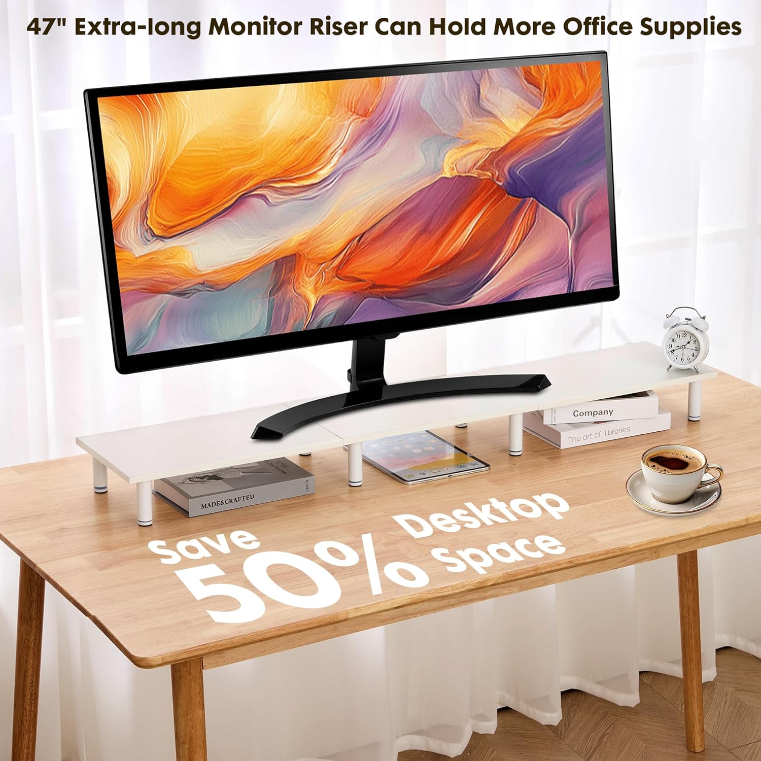 47 Inch Extra-Long Dual Monitor Stand Riser for 2 Monitors, Desk Shelf TV Riser Blocks, Wood and Steel Desktop Riser for Computer, Laptop, Printer, Home Office Organization, White