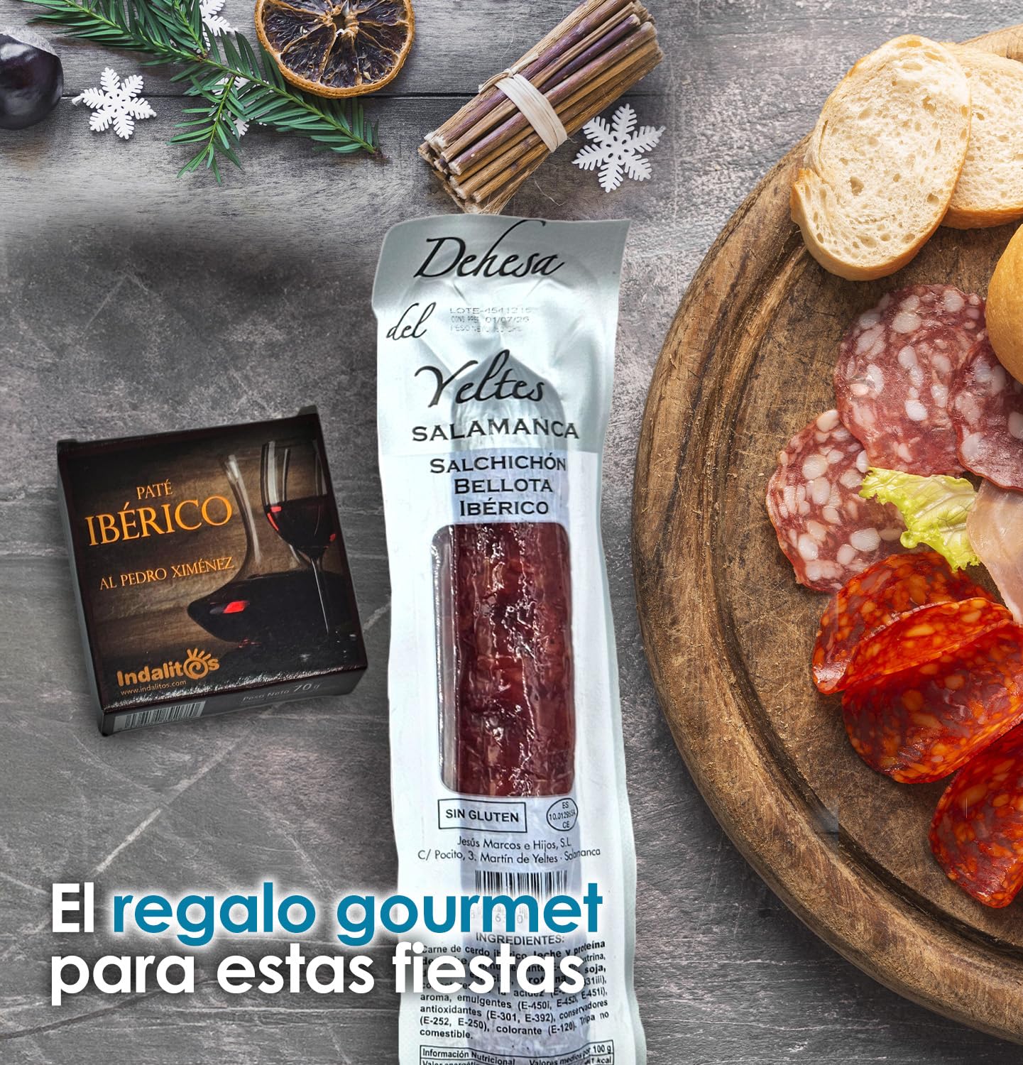 Cesta Navidad Gourmet S para Regalar | Perfecta para Regalos de Empresa | Aceite de Oliva Virgen Extra, Salchichón y Sobrasada Ibérica, Pate al PX y Crema Queso Floral
