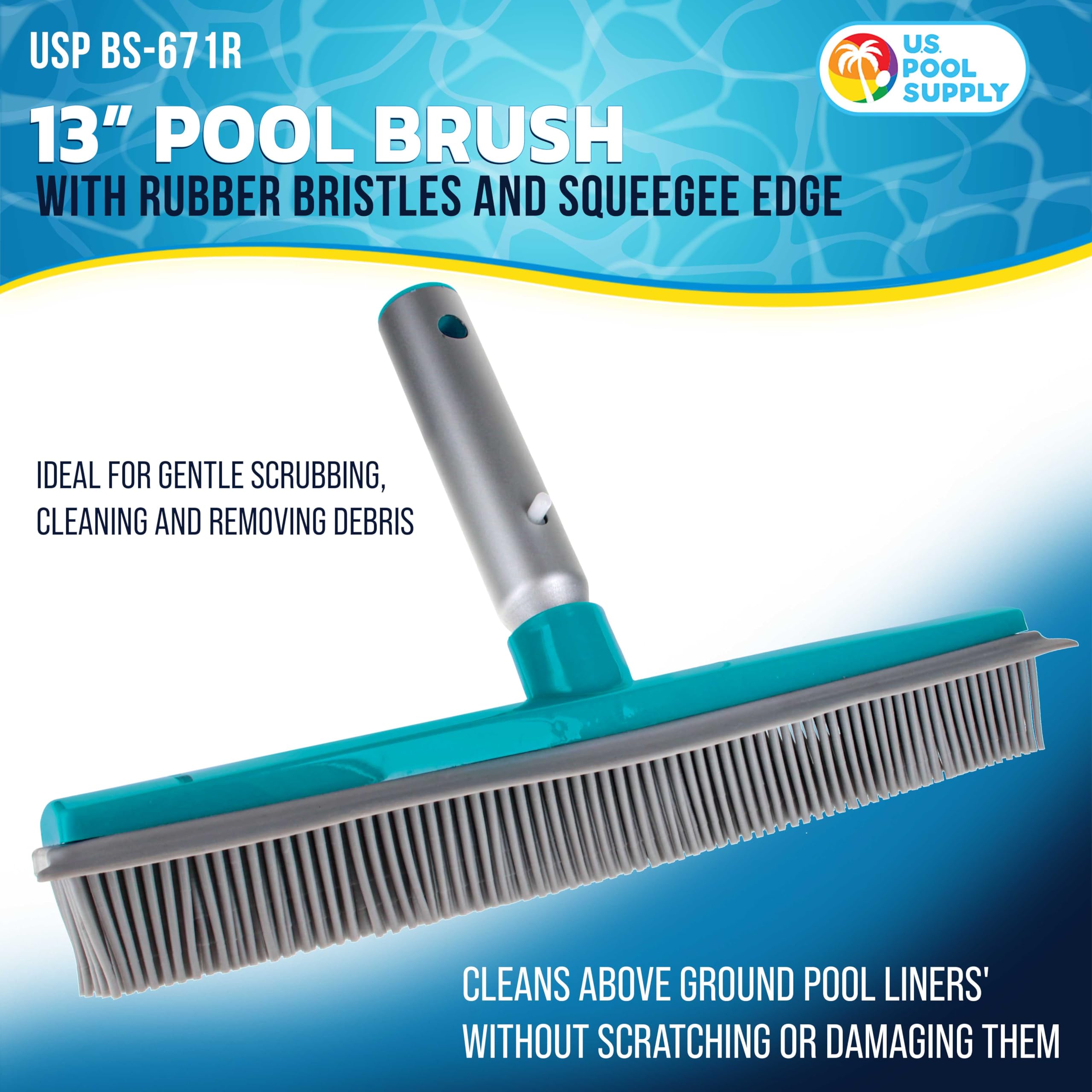 U.S. Pool Supply Cepillo de piscina de 13 pulgadas con cerdas de goma y borde de escobilla de goma, seguro para revestimientos de vinilo, ideal para piscinas sobre el suelo, mango de poste de aluminio