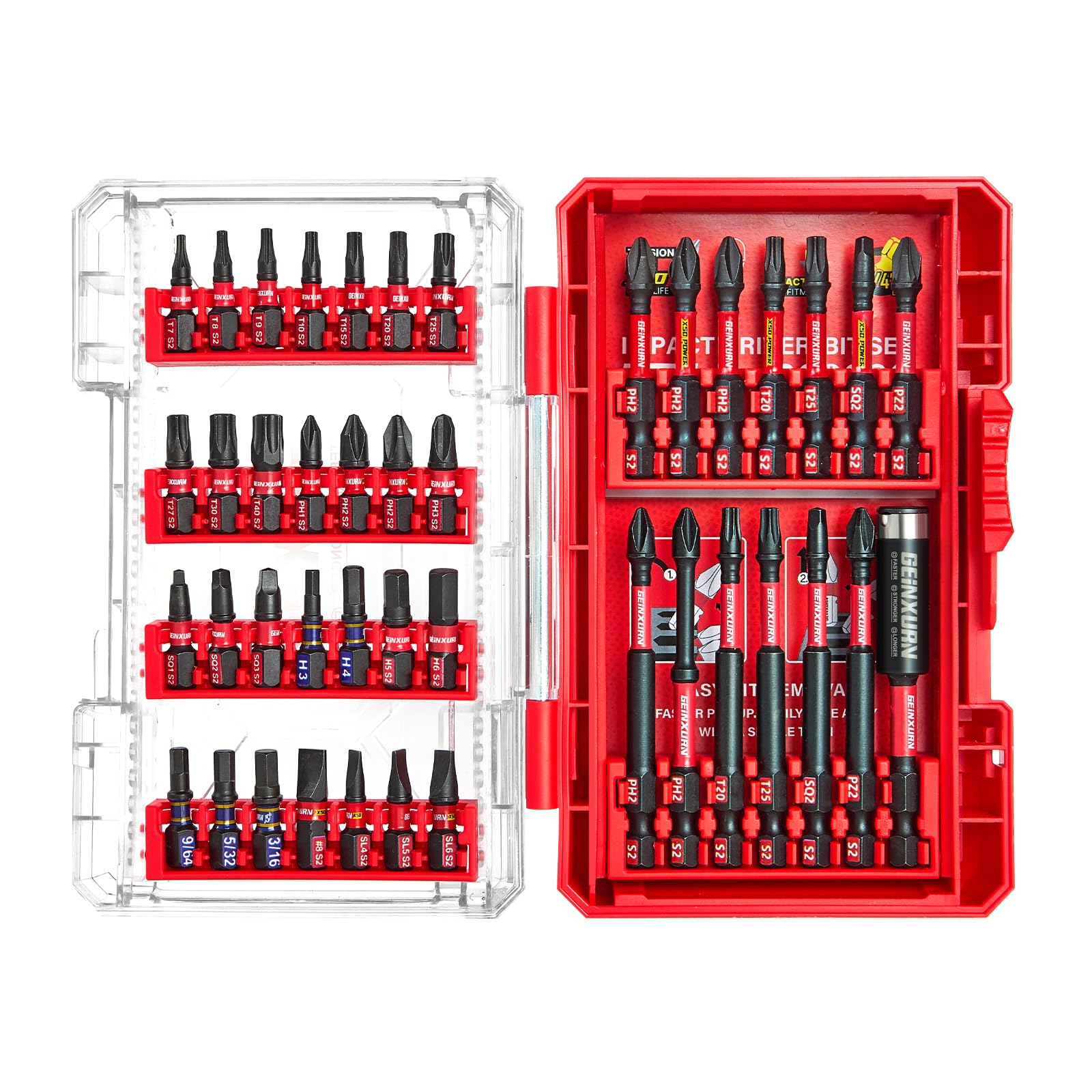 Geinxurn 42Pieces Impact Screwdriver Bits Set, Magnetic S2 Steel Phillips/Slotted/Square/Torx Insert Power Bits Tips, Impact Bit Holder with Red