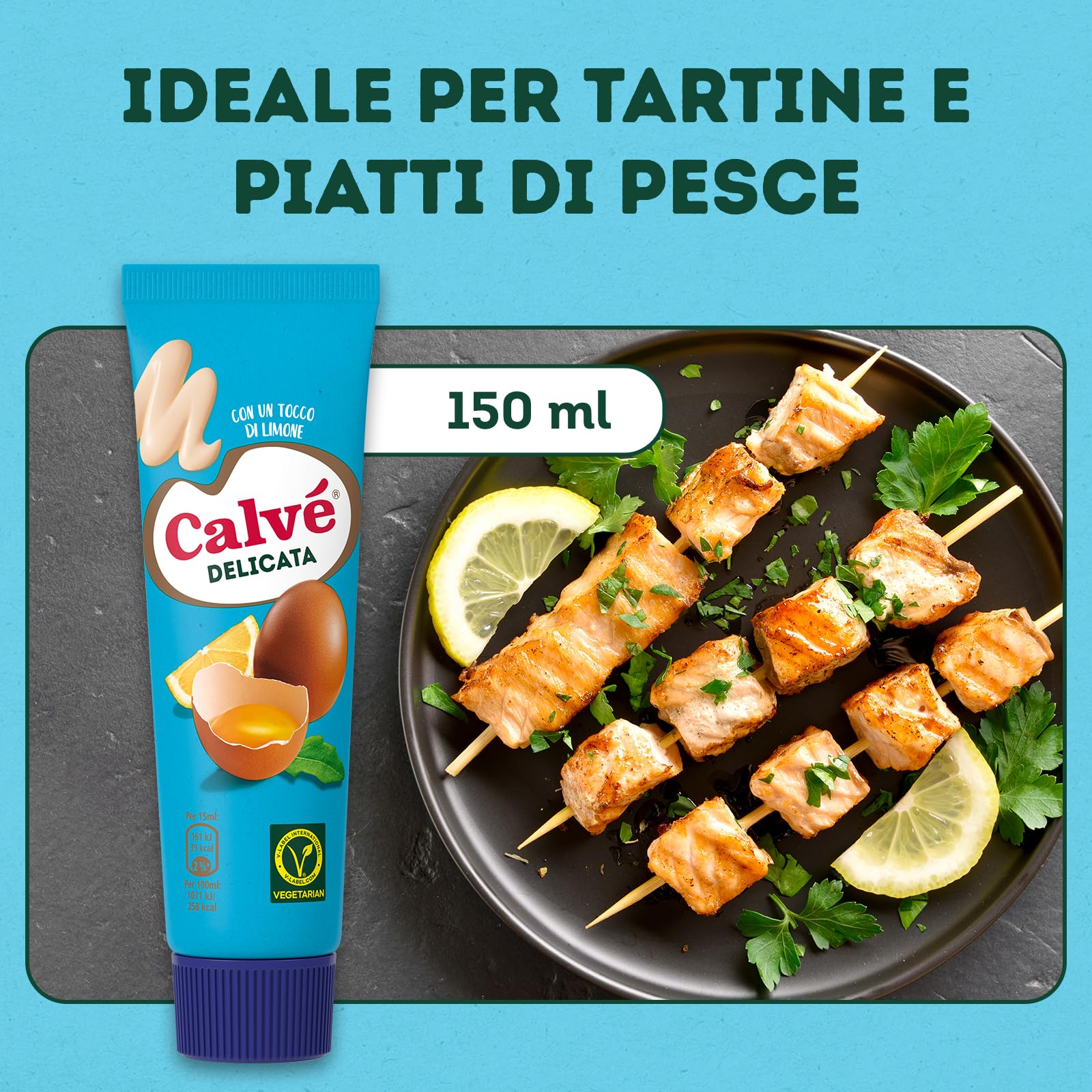 Calvé Maionese Delicata, 18 Pezzi da 150 ml, Maionese Calvé Delicata con un Tocco di Limone e il 60% di Grassi in Meno*, Ideale per Piatti di Pesce e Tartine, Senza Glutine, Vegetariano