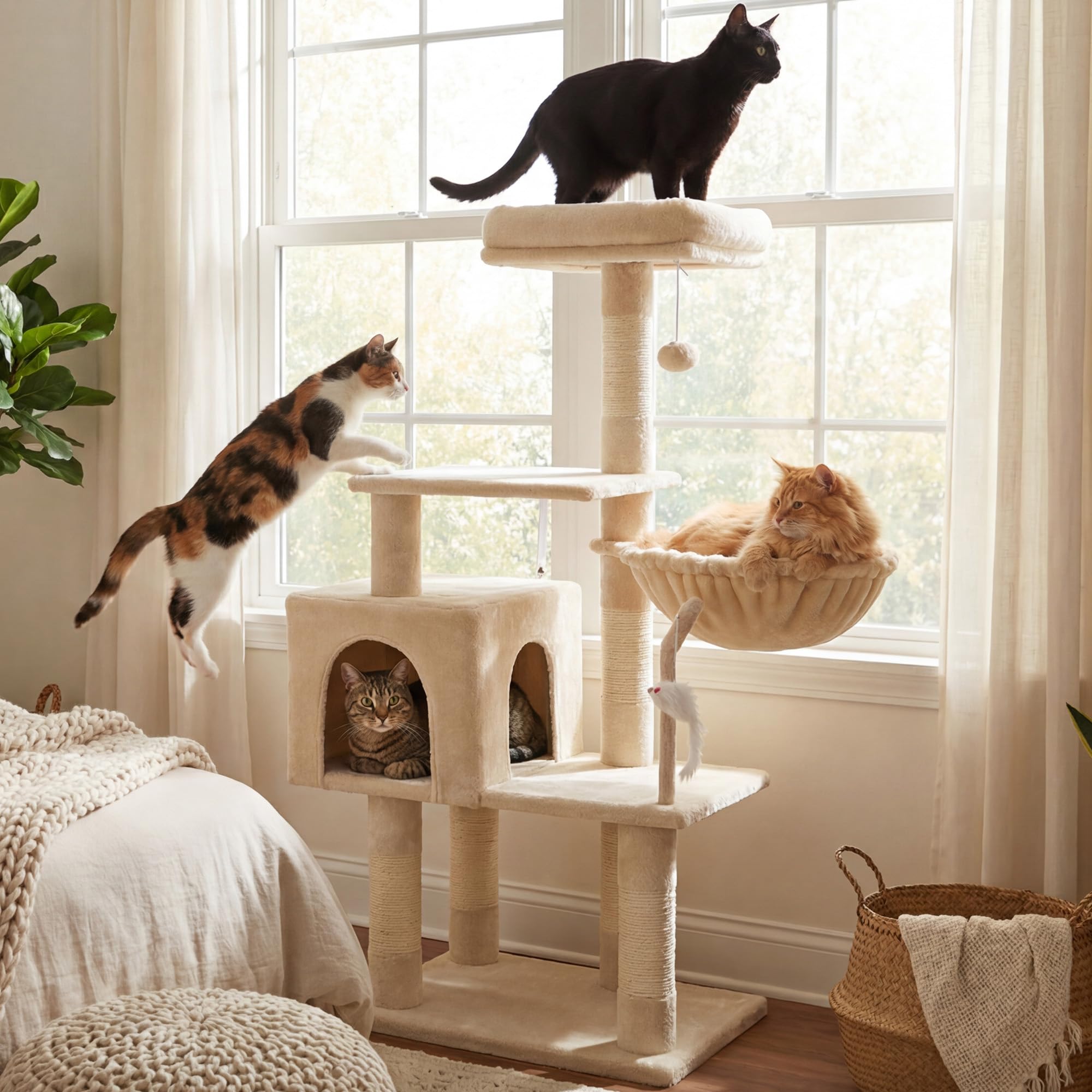 Hey-brother Tiragraffi per Gatti, con Cuccia, Topolino finto, MPJ004SM | 110cm Albero per Gatti Multilivello, Cesta, Piattaforme in Peluche, Pompon, Ideale per gattini da interno, Beige