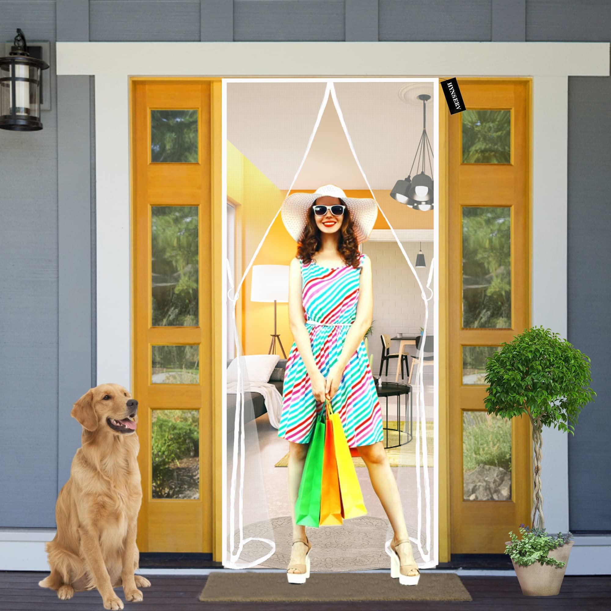 Hynserv White A Magnet Fly Screen Door 125X205cm(49X81inch) Magnetic Anti Mosquito Net Seal Automatically - Insect Door Screen With Full Frame Magic Tape - Without Drilling - For Anti Mosquito Or Anti Pest