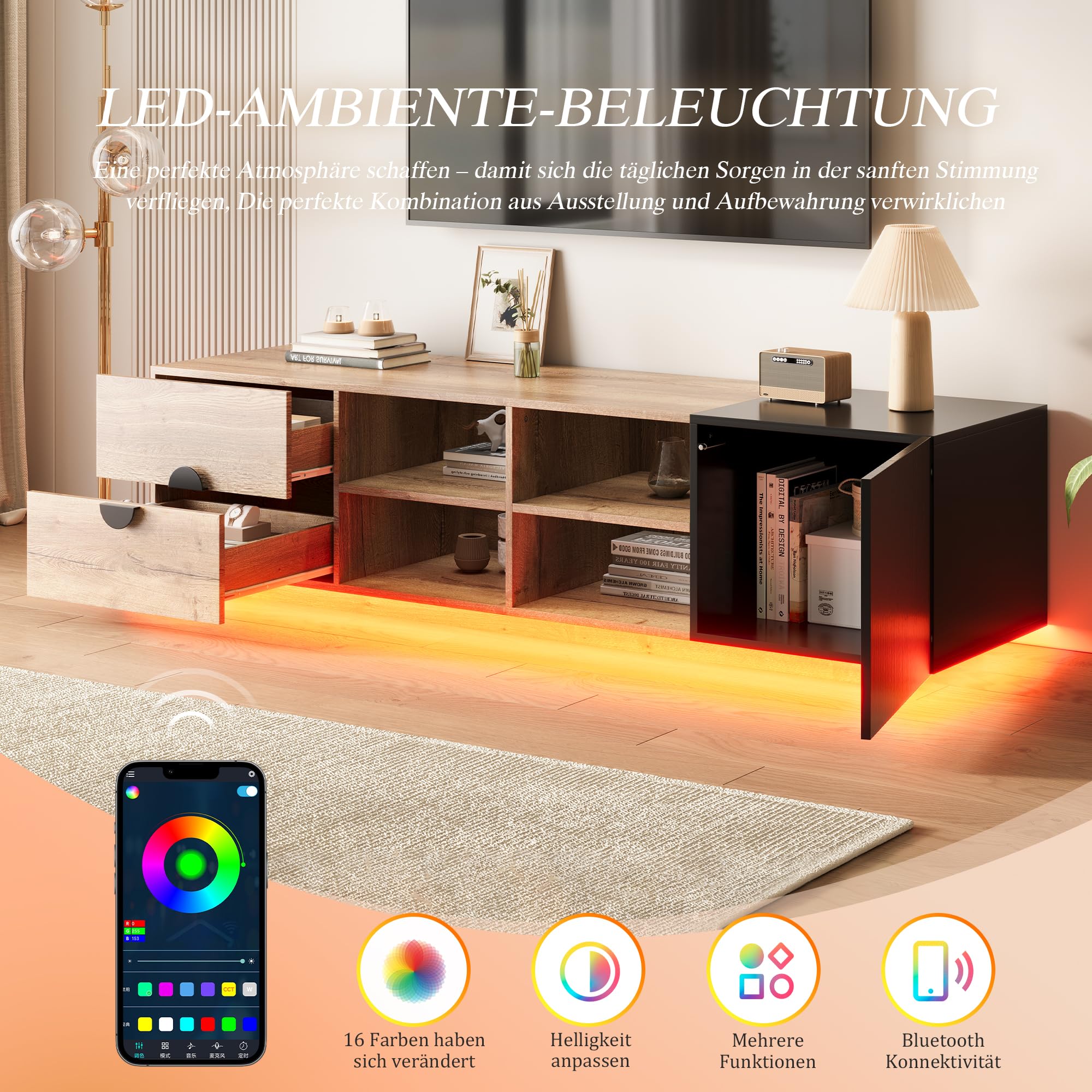 TV Schrank bis 80 Zoll, TV Lowboard mit LED, Fernsehtisch mit Offener Stauraum, TV Board, Fernsehschrank, Sideboard, für Schlaf- und Wohnzimmerschrank, Hochglanzdesign, 180cm, Schwarz