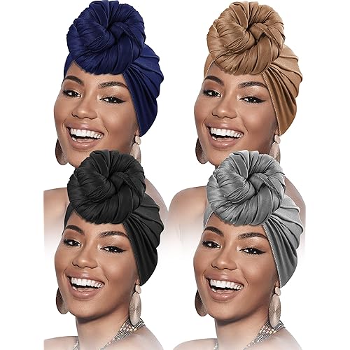 4 Pieces Head Scarf Turban Long Hair Head Wrap Scarf Soft Stretch Headwrap Headband Solid Color Turban Tie (Black, Brown, Navy Blue, Grey)