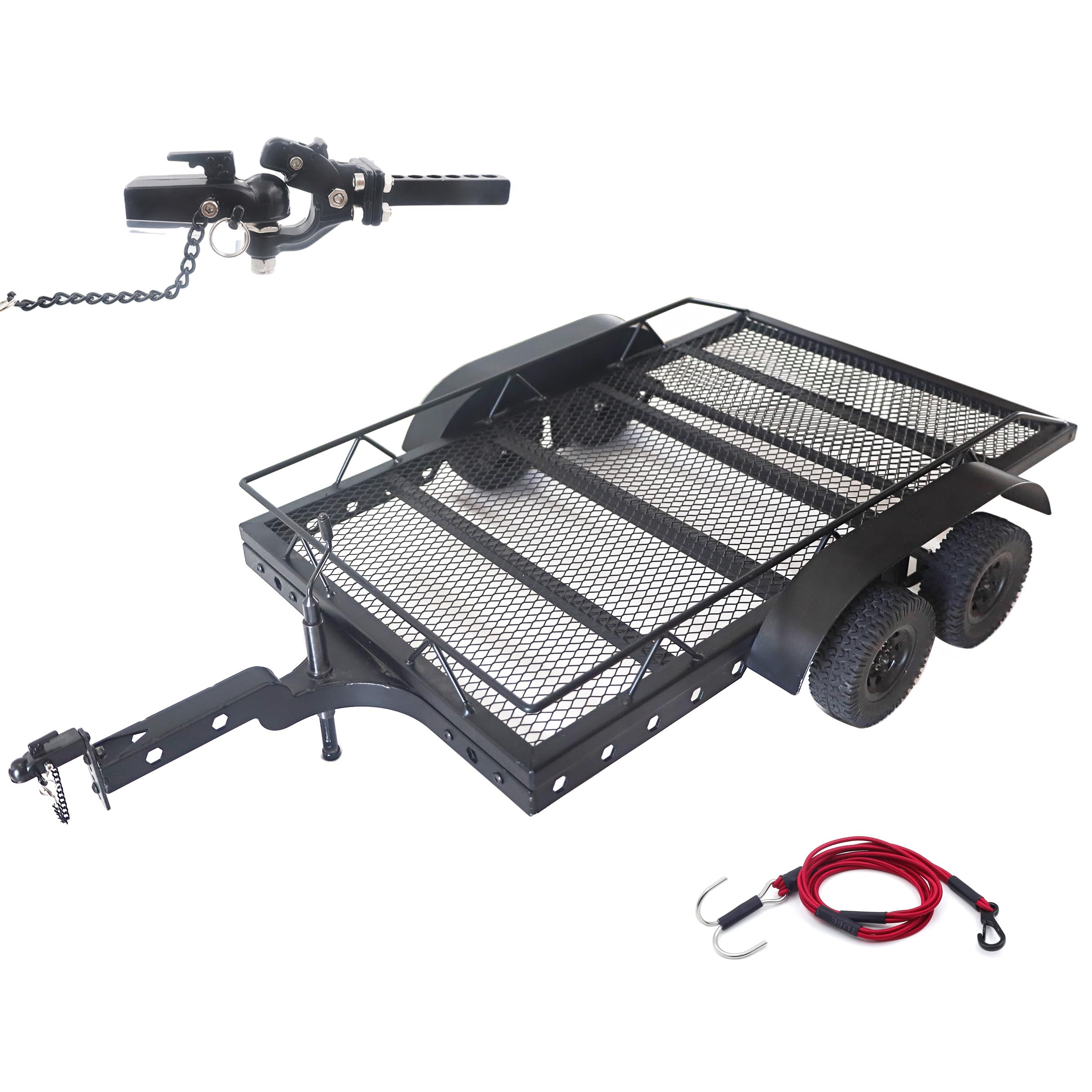 HOPLEX Heavy-Duty Metal RC Trailer 1/10 Scale Trailer with RC Trailer Hook Coupler Receiver and RC Kinetic Winch Strap for RC Crawler TRX4 TRX6 SCX10 Gen7 Gen8 Upgrades