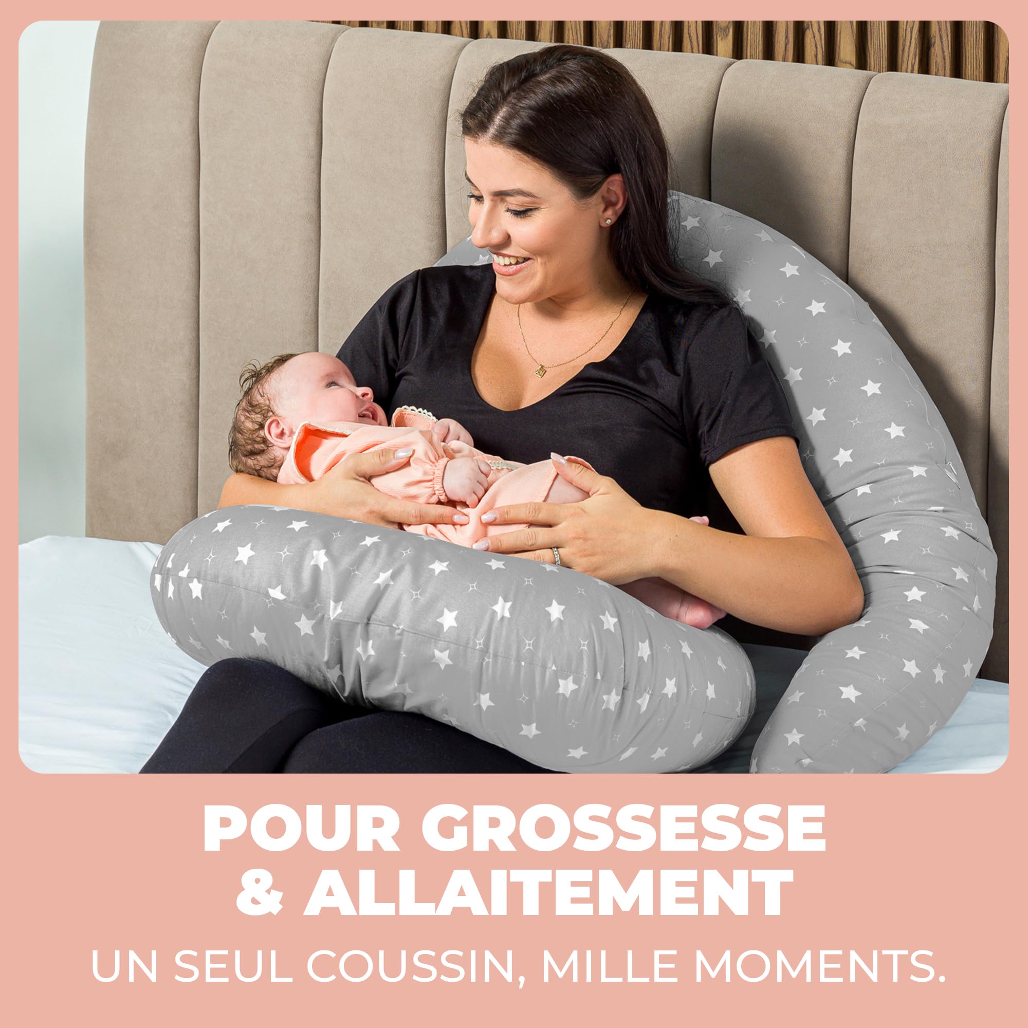 Coussin de Grossesse et Allaitement XXL Oreiller de Maternité pour Femmes Enceintes et Bébé Coussin Multifonctionnel avec Taie en 100% Coton pour Dormir sur Le Côté et l'activité du Tummy Time