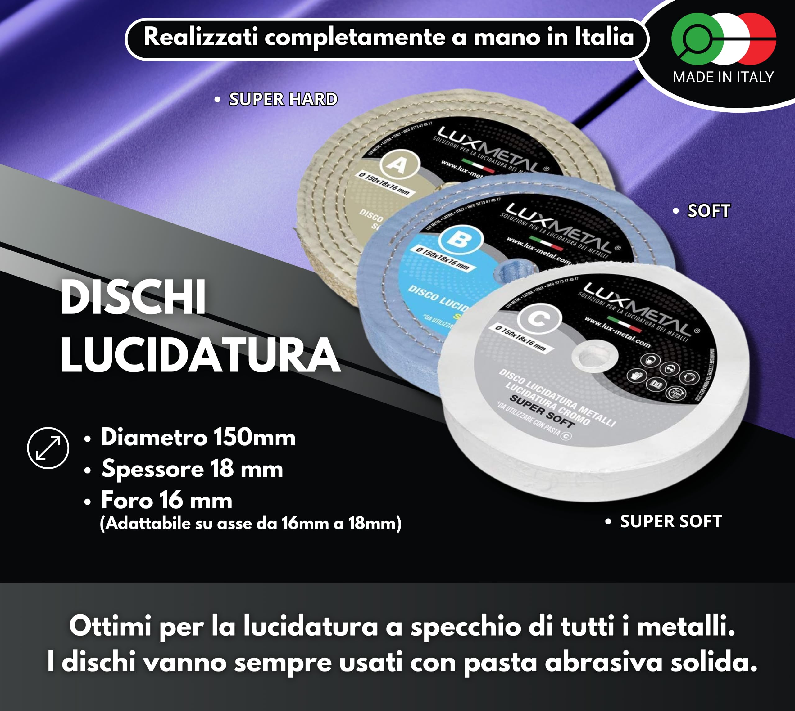Kit 3 Dischi Lucidatura 150mm Per Metalli - Cotone Per Acciaio Inox, Alluminio, Ottone Con Pasta Abrasiva - Foto 3