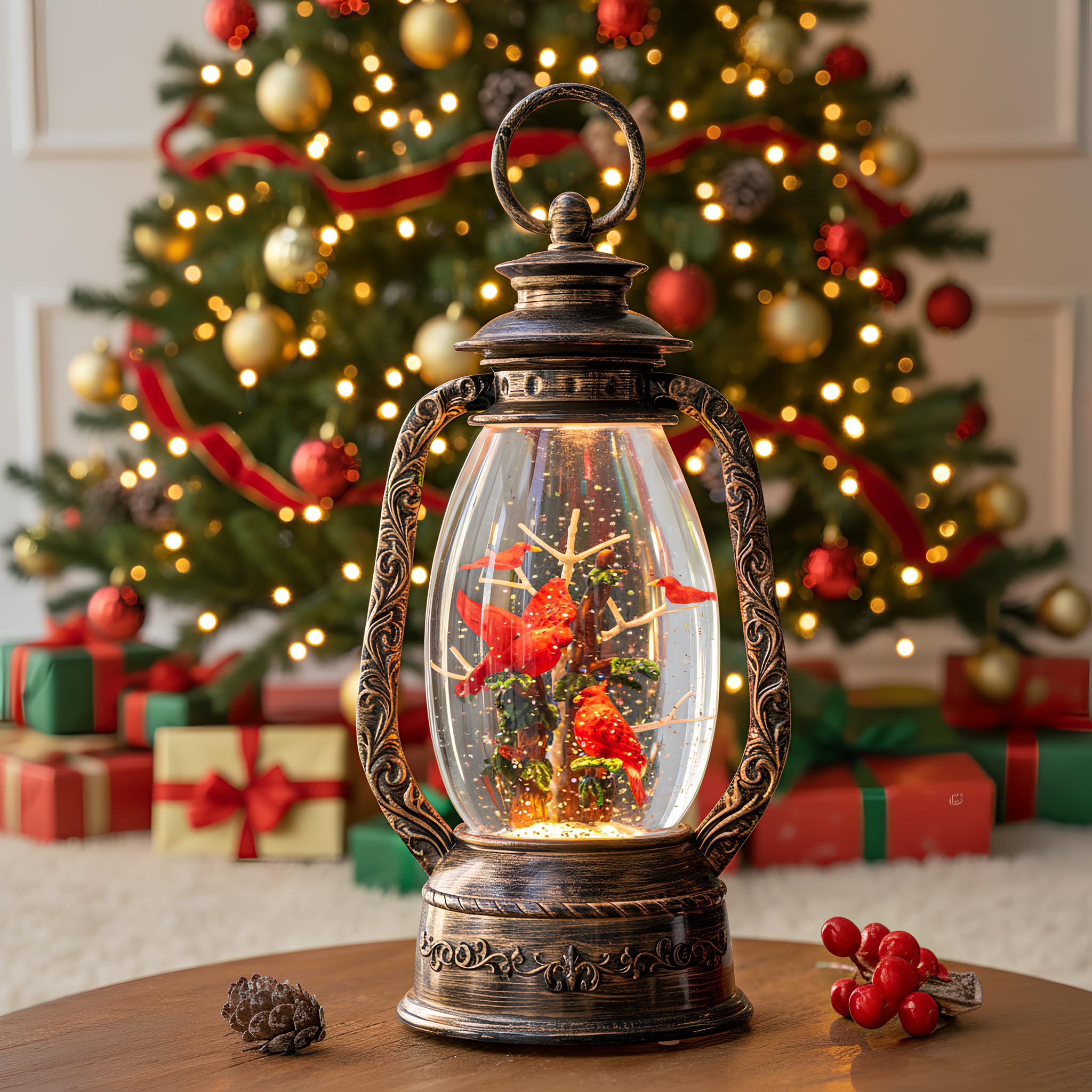 Lanterna natalizia a forma di globo di neve, 30,5 cm, cardinali con musica e timer, con cavo USB, alimentata a batteria, lanterna illuminata per feste di Natale, decorazioni e regali