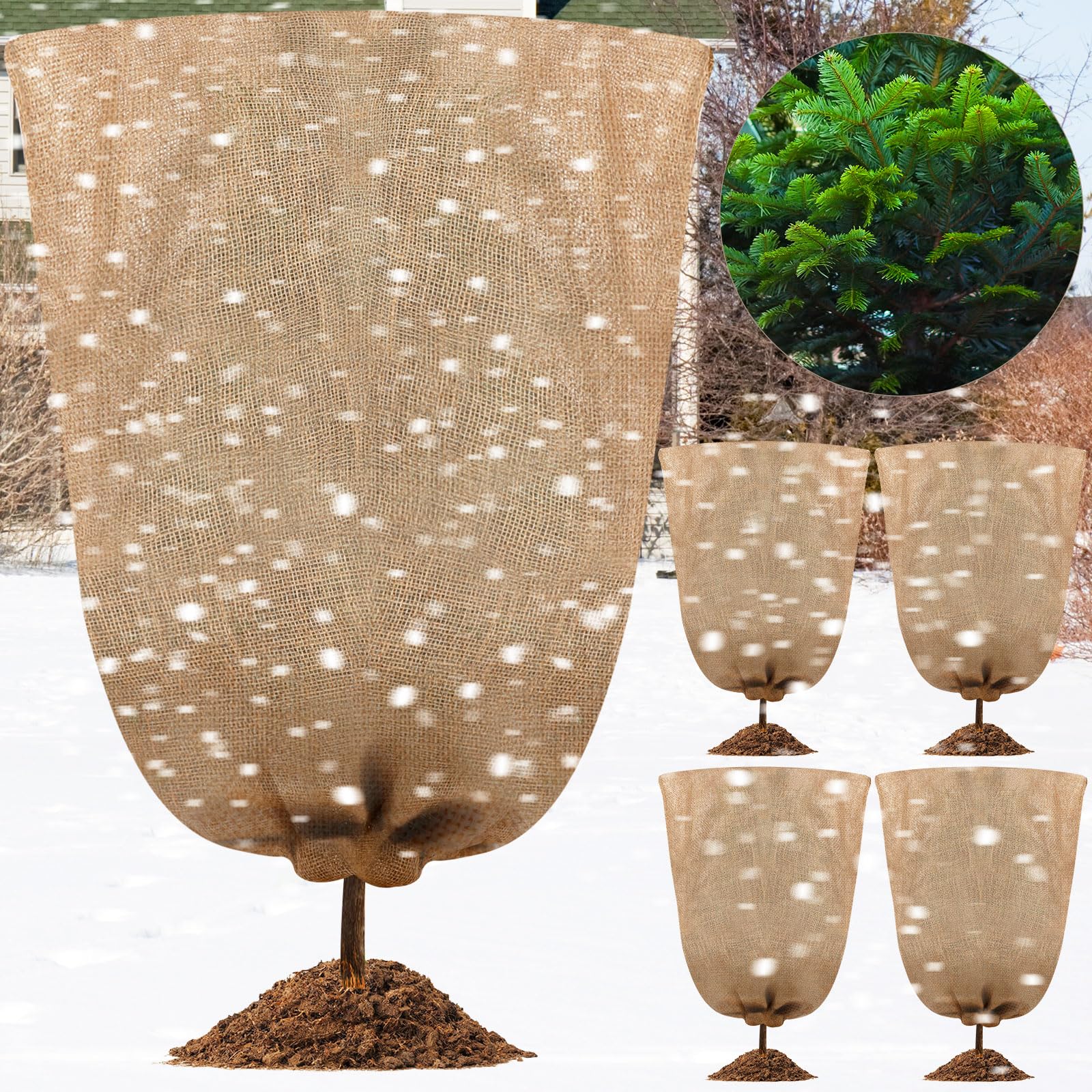 Windyun 5 Pcs Winter Burlap Plant Covers Reusable Warm Burlap Bags with Drawstring Large Size Freeze Protection Bags for Outdoor Plants Frost Blankets for Trees Garden Cold Weather (40 x 47'')