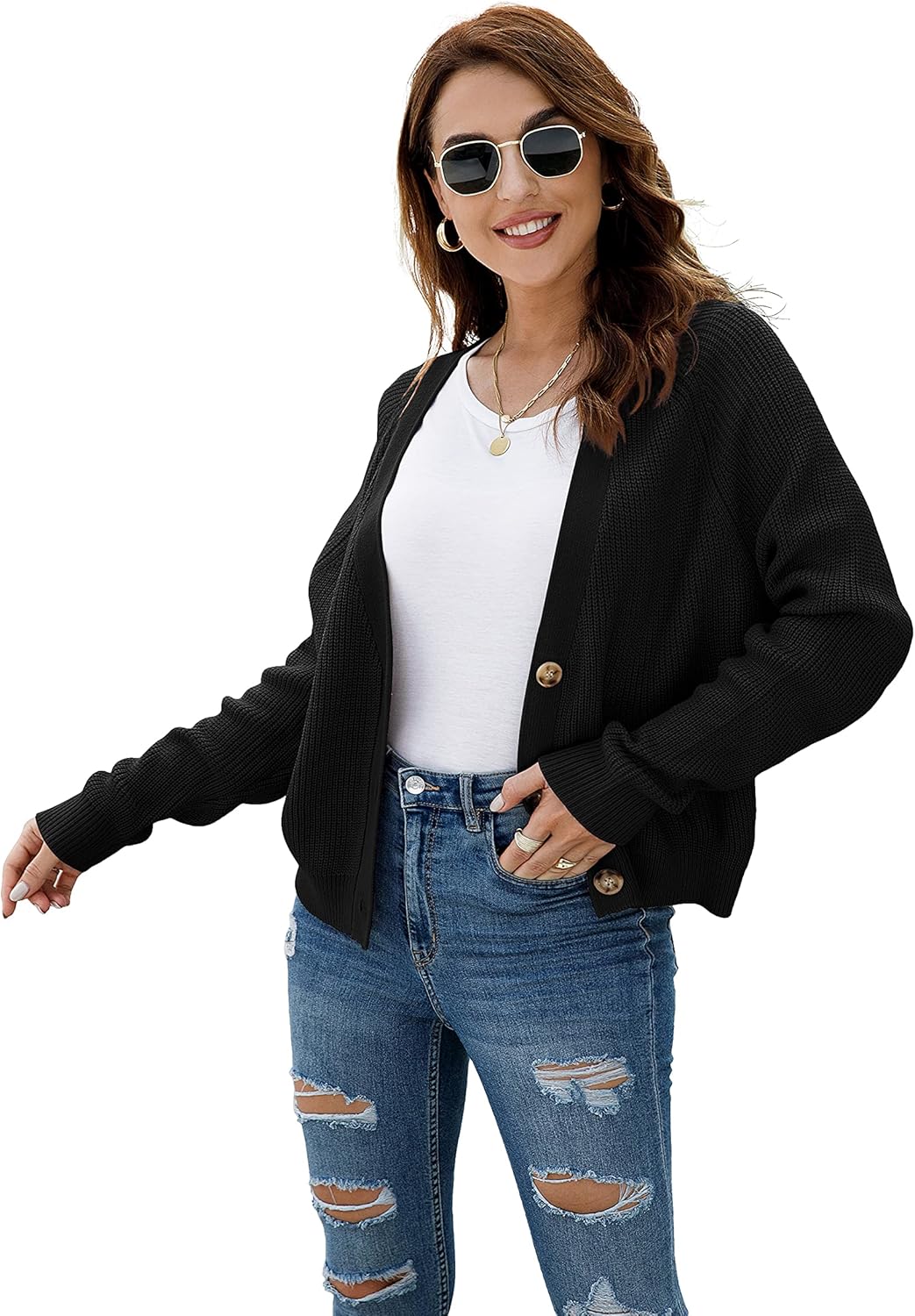 TASAMO Women's Long Sleeve Knit Sweater Open Front Cardigan Button Loose Outerwear - Image 5