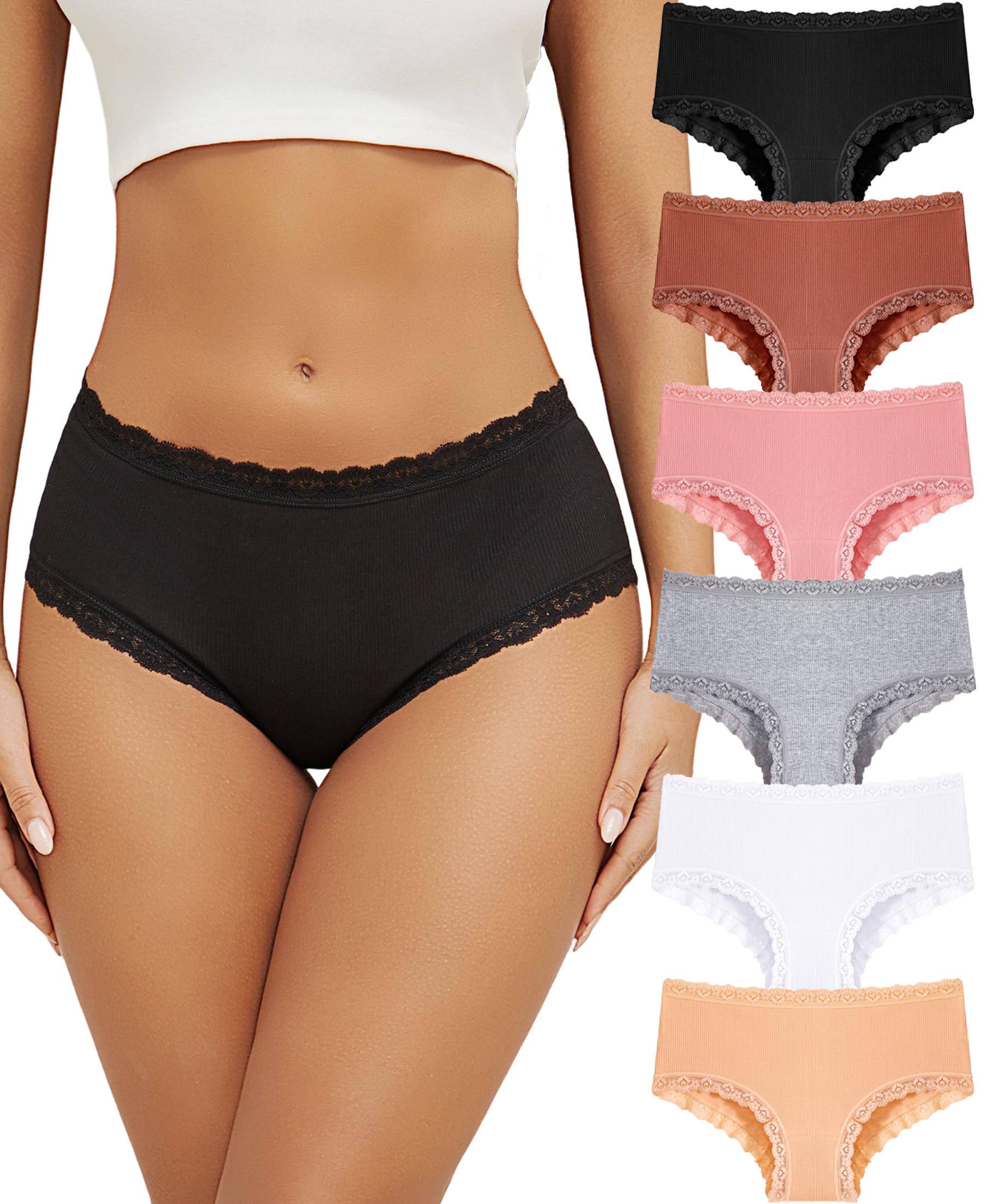 ALL OF ME 6er Pack Baumwoll Unterwäsche Damen Brazilian Slip Pantys Spitzen Medium High Waist Unterhosen für Frau Weiche und Bequem Mehrpack S-XXL