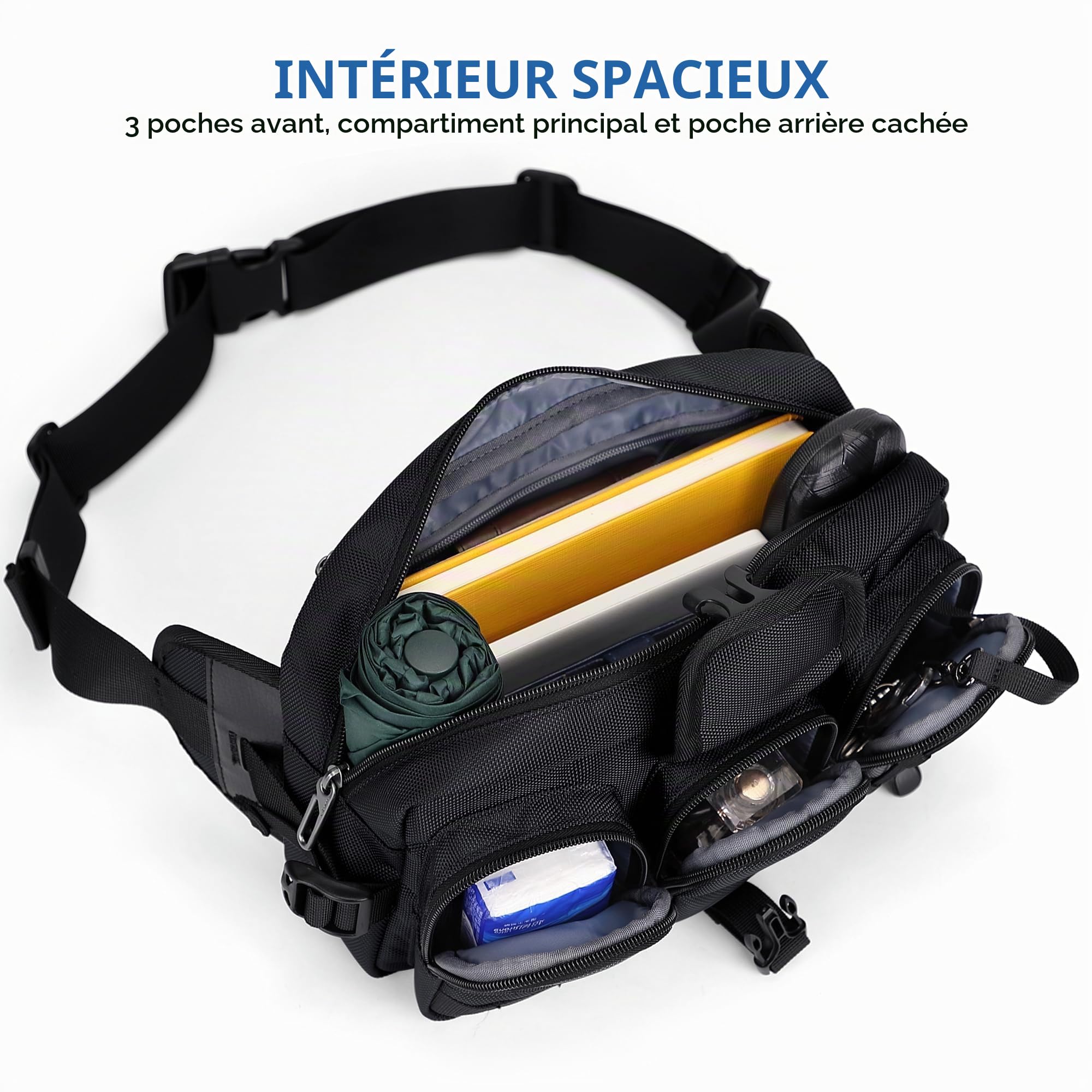 WITZMAN Sac banane pour homme, sac banane tendance avec fermeture éclair, avec plusieurs poches pour voyager, marche quotidienne, Noir