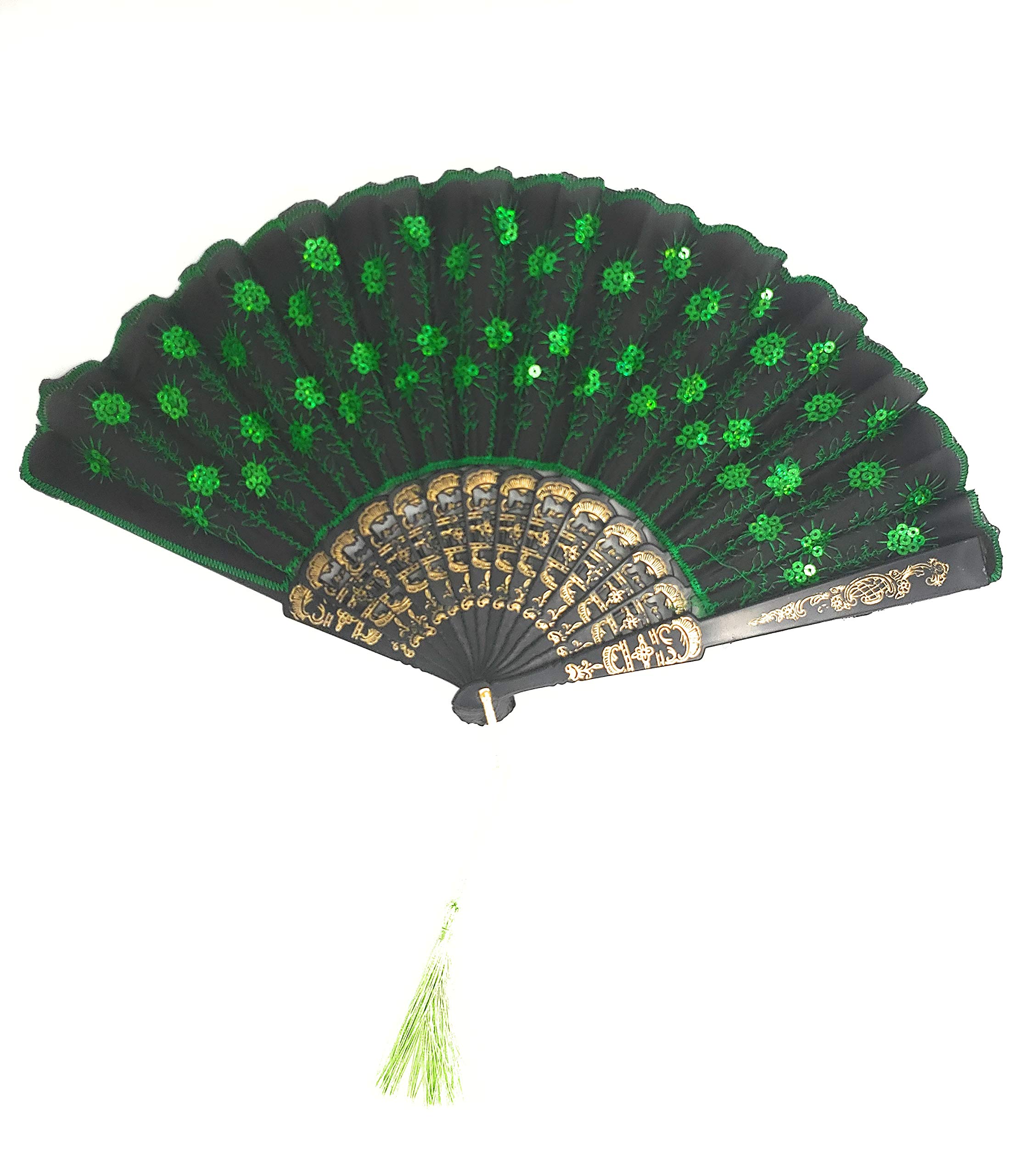 Deluxe Foldable Fan Fabric Sequins Local Hand Fan (Golden Flower, Multi-color)