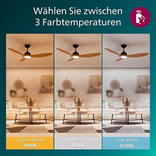 Philips Olas Ceiling Fan, 3 Blades, 24W LED Light, DC Motor, Color Temperature Range (3000K-4300K-6500K) with Dimmable Function, Remote Included, 52", Black and Wood - 6